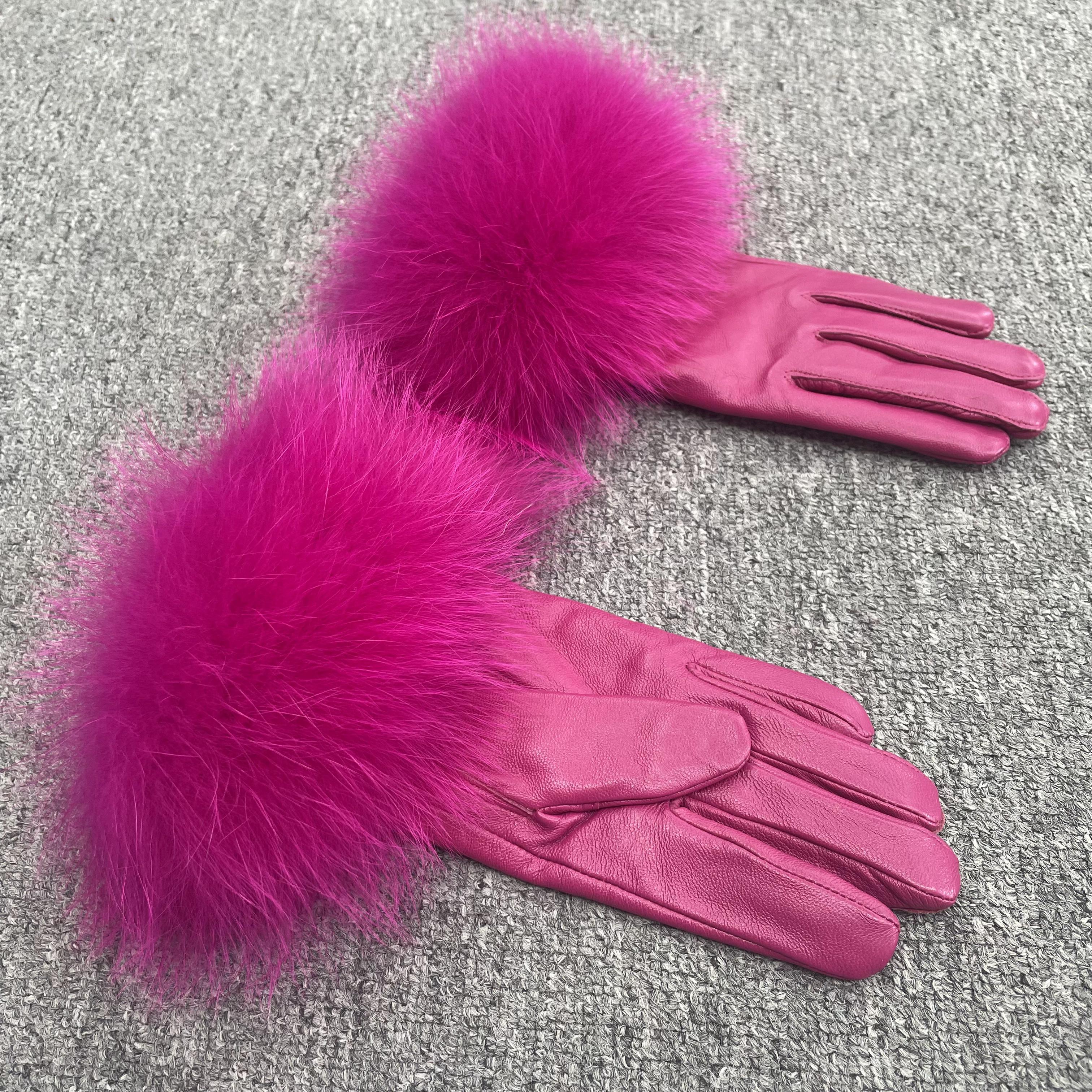 Women’s Black Leather Gloves with Real Fox Fur Trim – Elegant Winter Fashion Accessory for Luxury Style 11 F