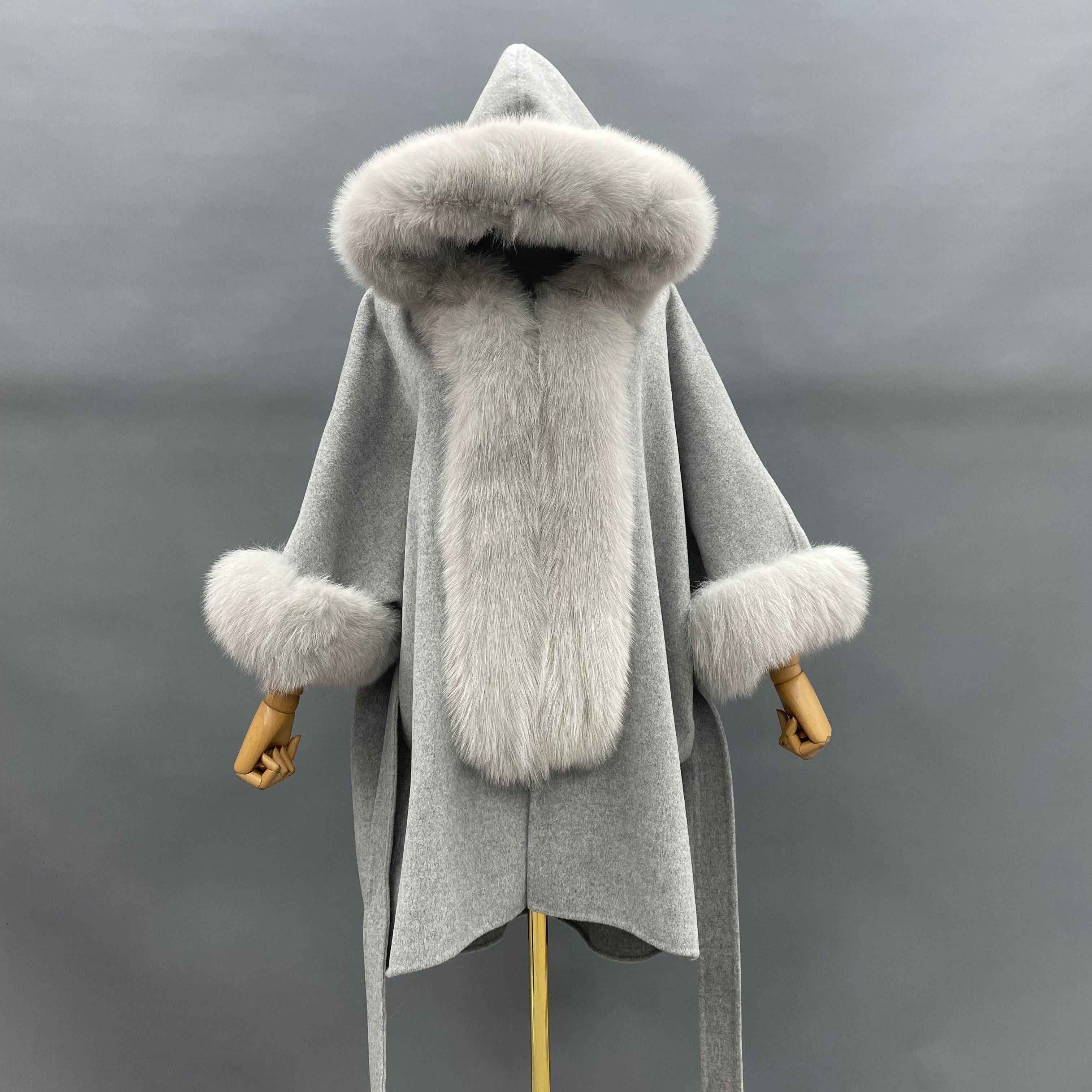 Asymmetrical Double-Faced Wool Coat with Fox Fur Trim Hood and Cuffed Sleeves – High Low Hem Luxury Overcoat