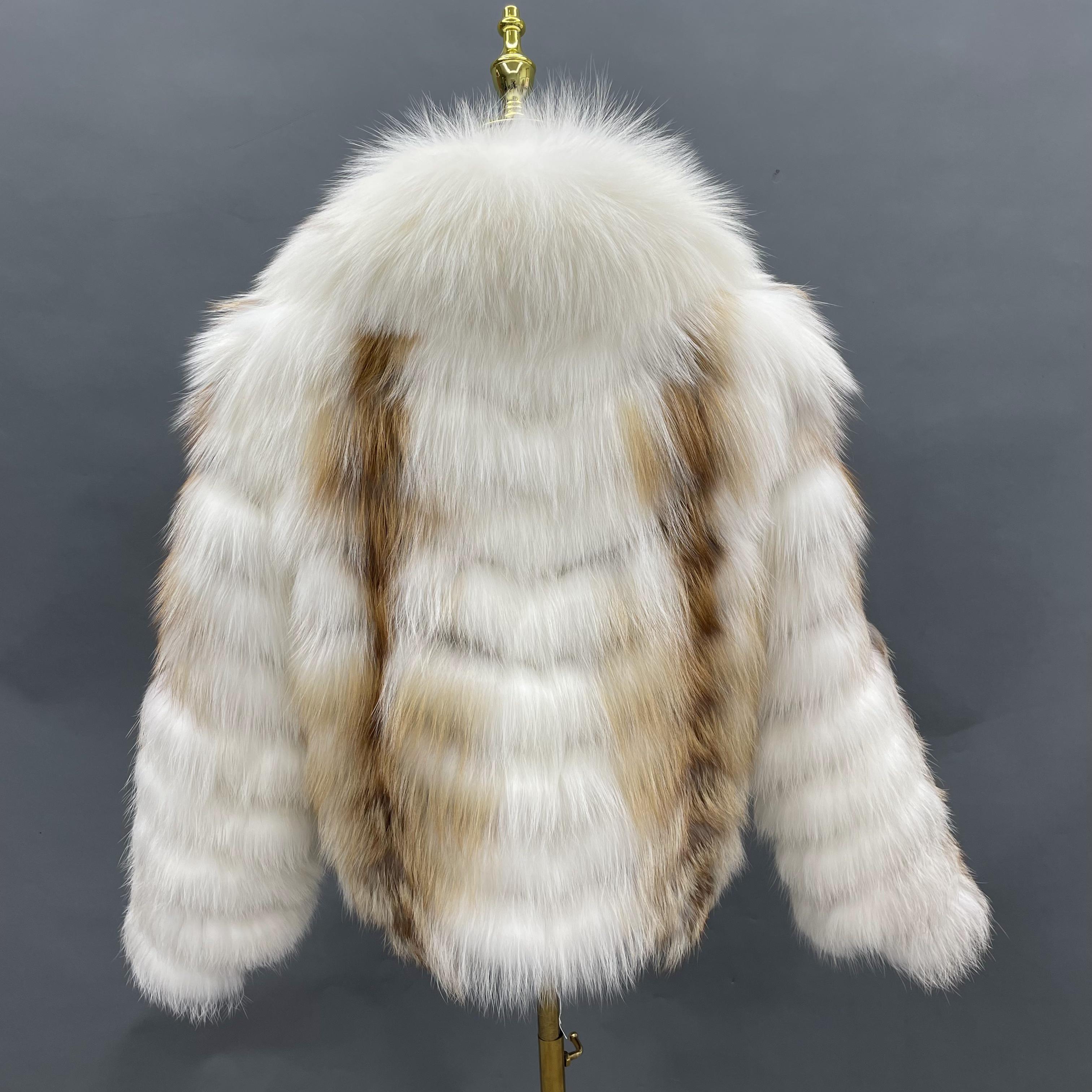 Real Fox Fur Jacket for Women – Short Length, Carved Stripe Design, Large Collar Winter Outerwear