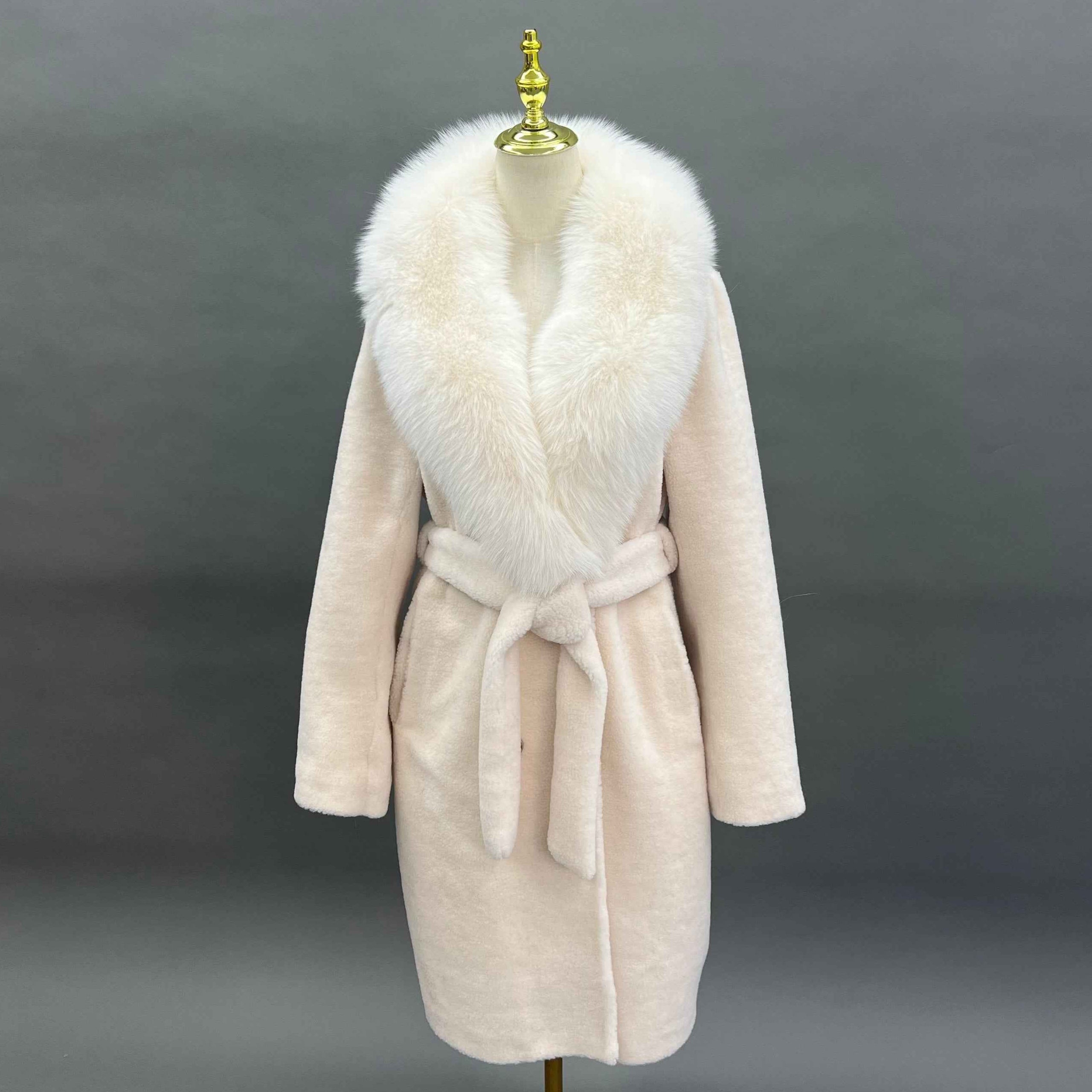 Luxury Shearling Long Coat with Oversized Faux Fur Collar