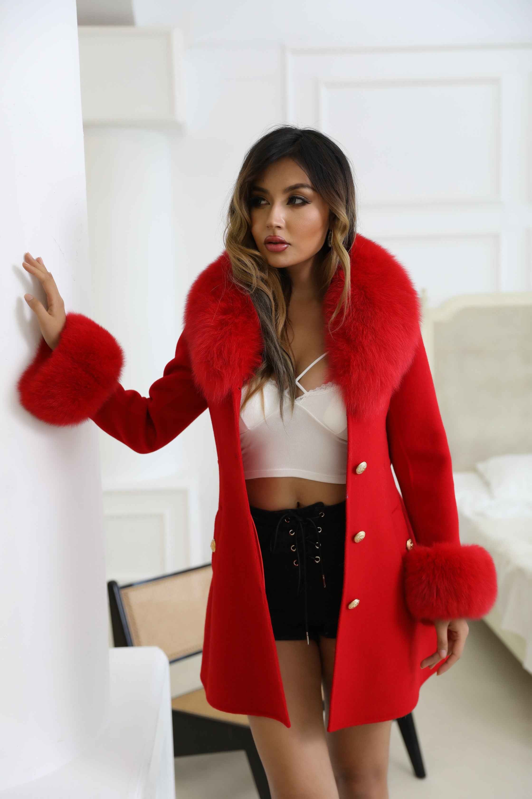 Autumn Winter Red Double - faced Wool Belted Coat