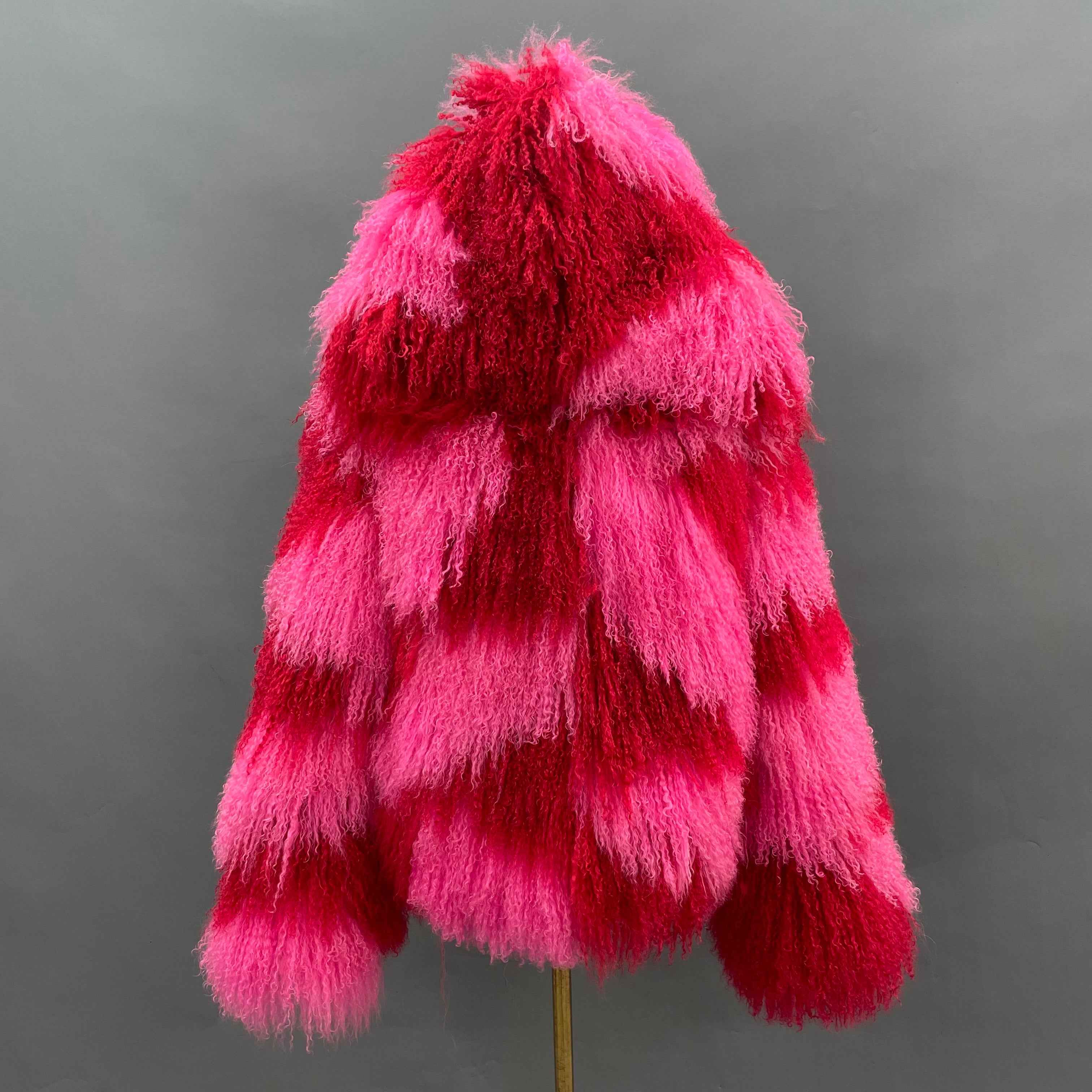 Women's Hooded Color-Block Mongolian Lamb Fur Jacket – Fuchsia & Crimson Red, Short Curly Hair Winter Outerwear for Women