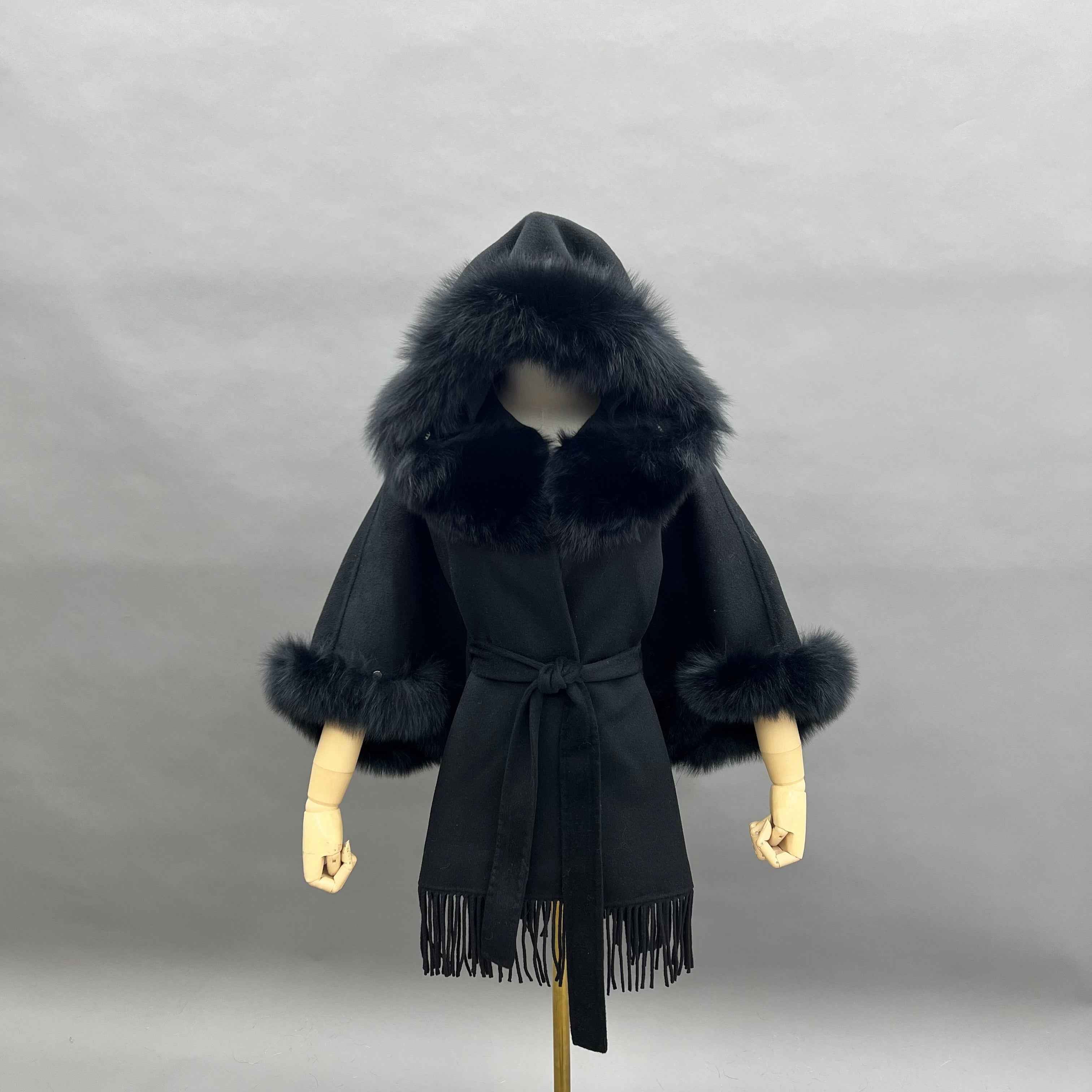 Hooded Double - Faced Wool Cape Coat with Fox Fur Trim and Fringe Hem
