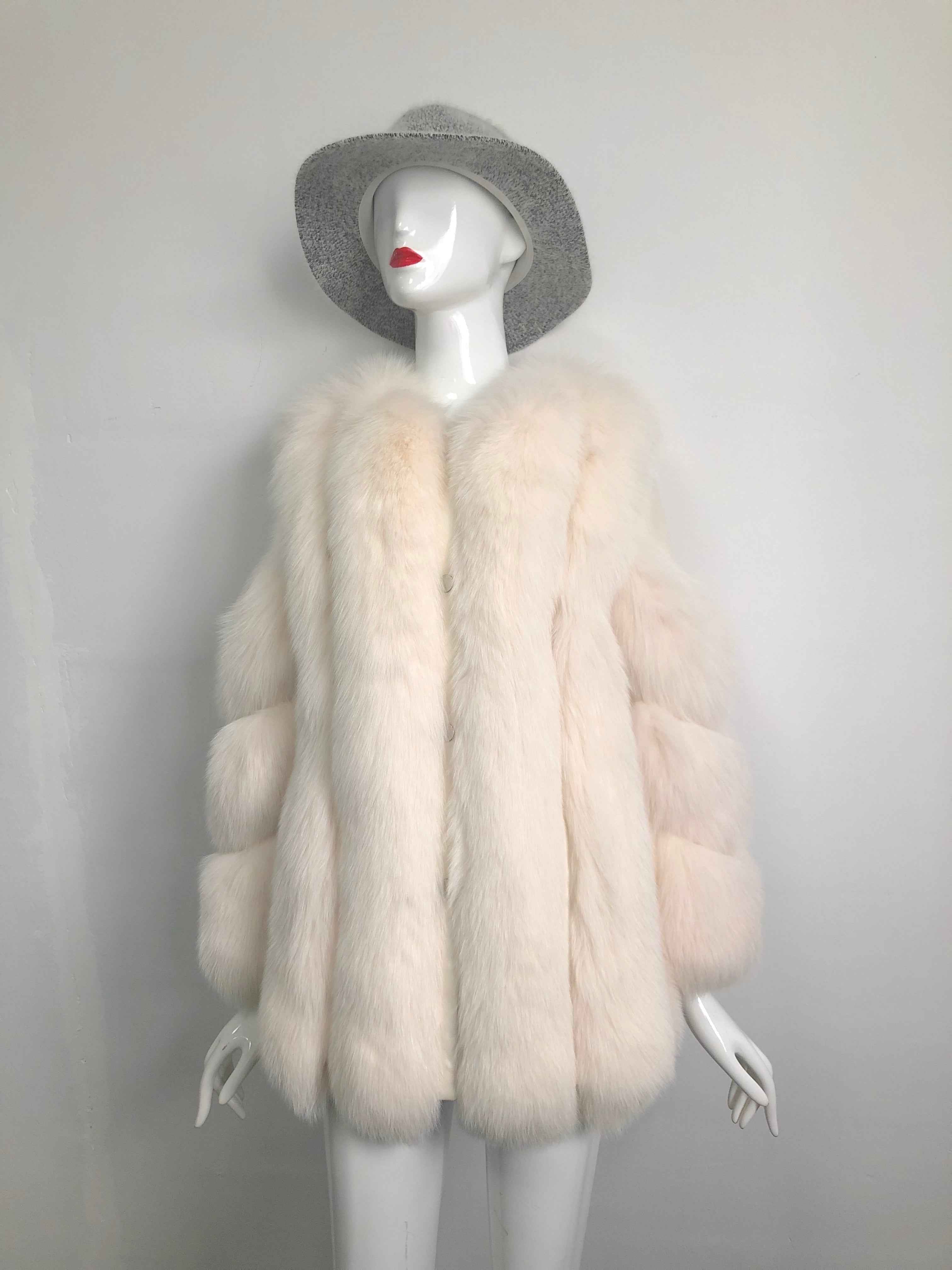 Luxury Fox Fur Overcoat with Leather Strip Accents - Women's Cold Weather Outerwear White