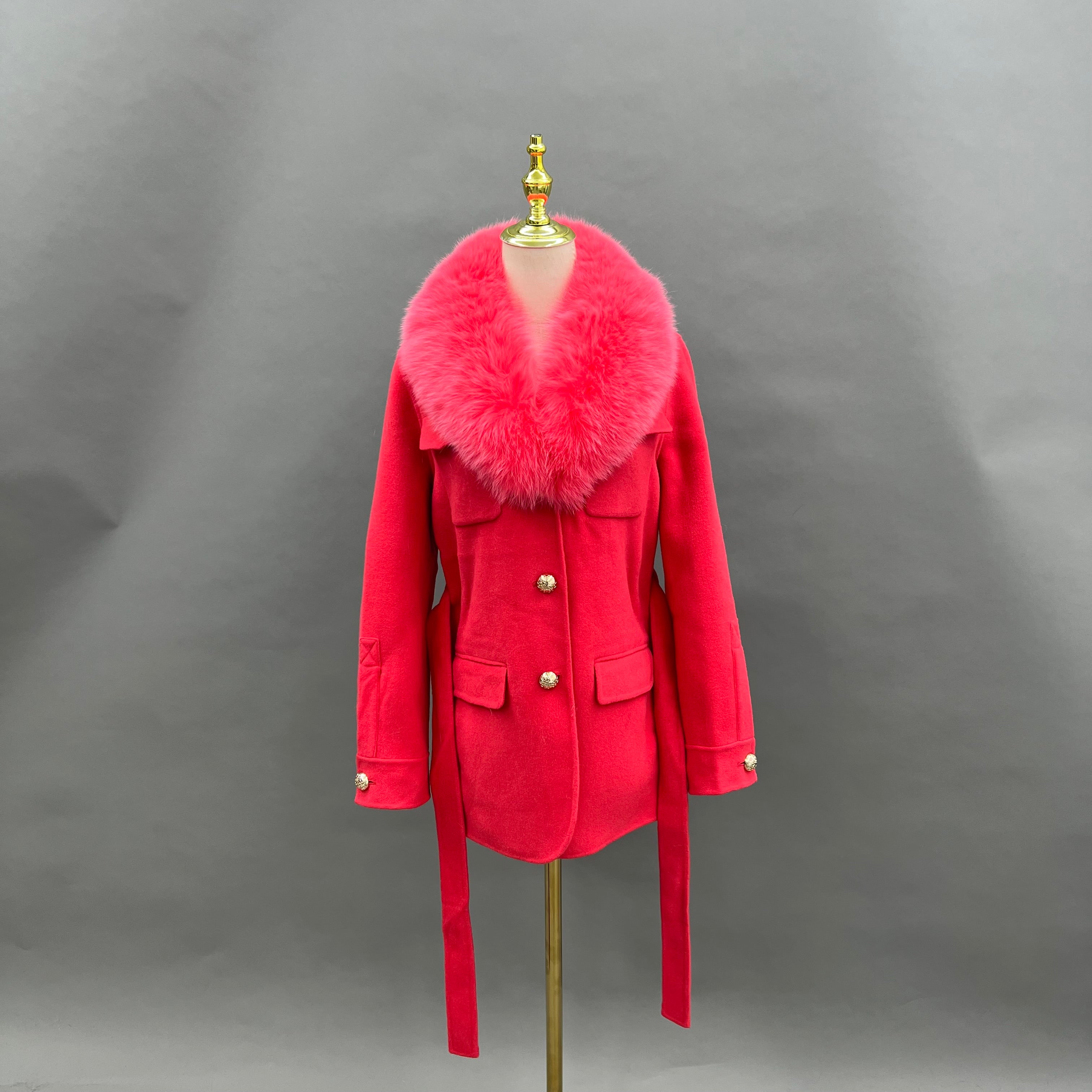 Women’s Red Wool Coat with Real Fox Fur Collar – Belted Mid-Length Winter Jacket for Elegant Fashion
