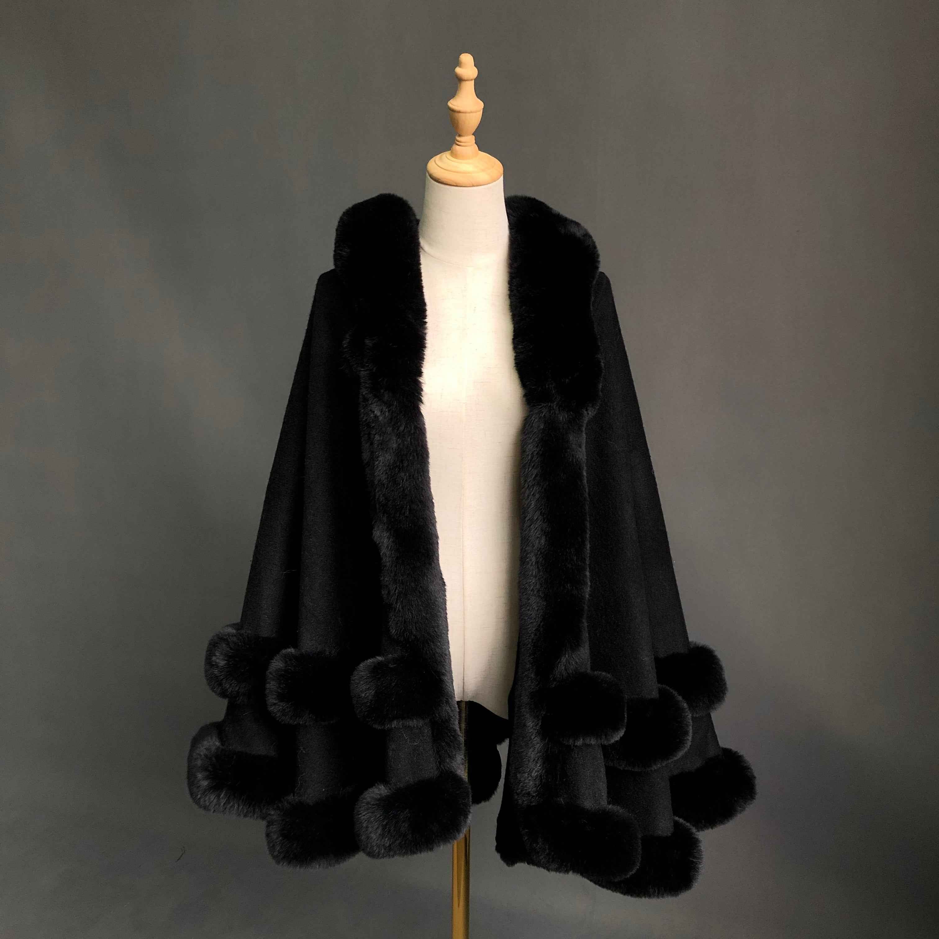 Women's Hooded Faux Fur Trimmed Cape with Pom-Pom Details - Luxurious Winter Outerwear