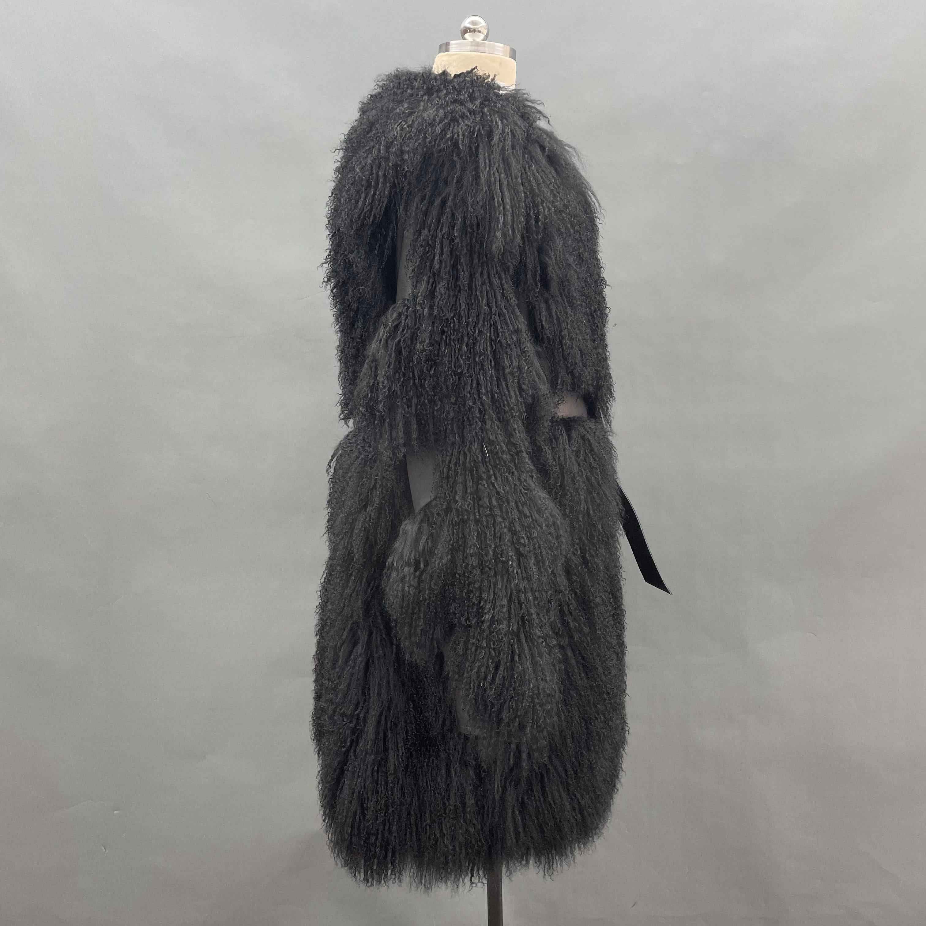 Men's Mid-Length Charcoal Grey Mongolian Lamb Fur Coat – Belted, Curly Hair, Stylish Winter Outerwear for Men