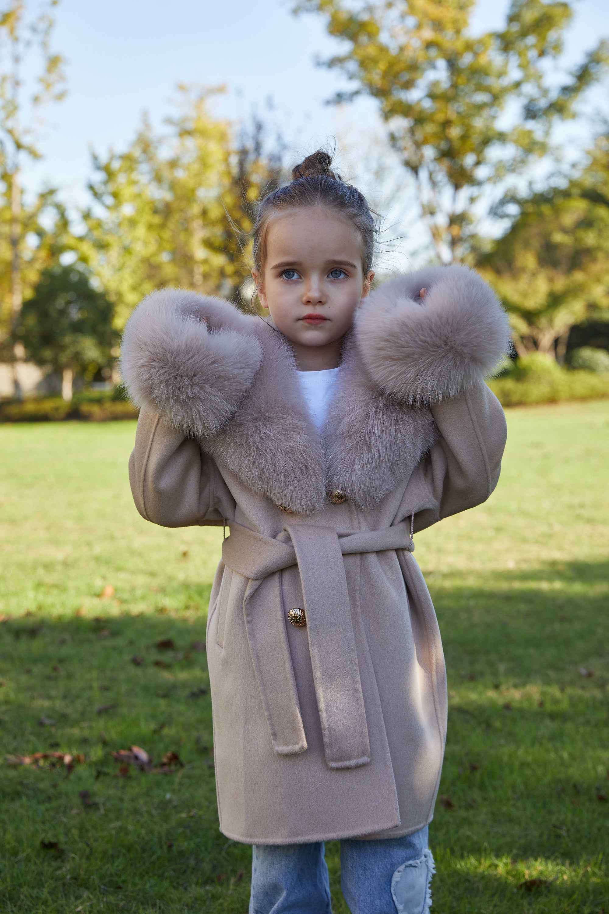 European Style Long Double Side Real Fur Shawl Collar Cashmere Wool Fur Children Coat
