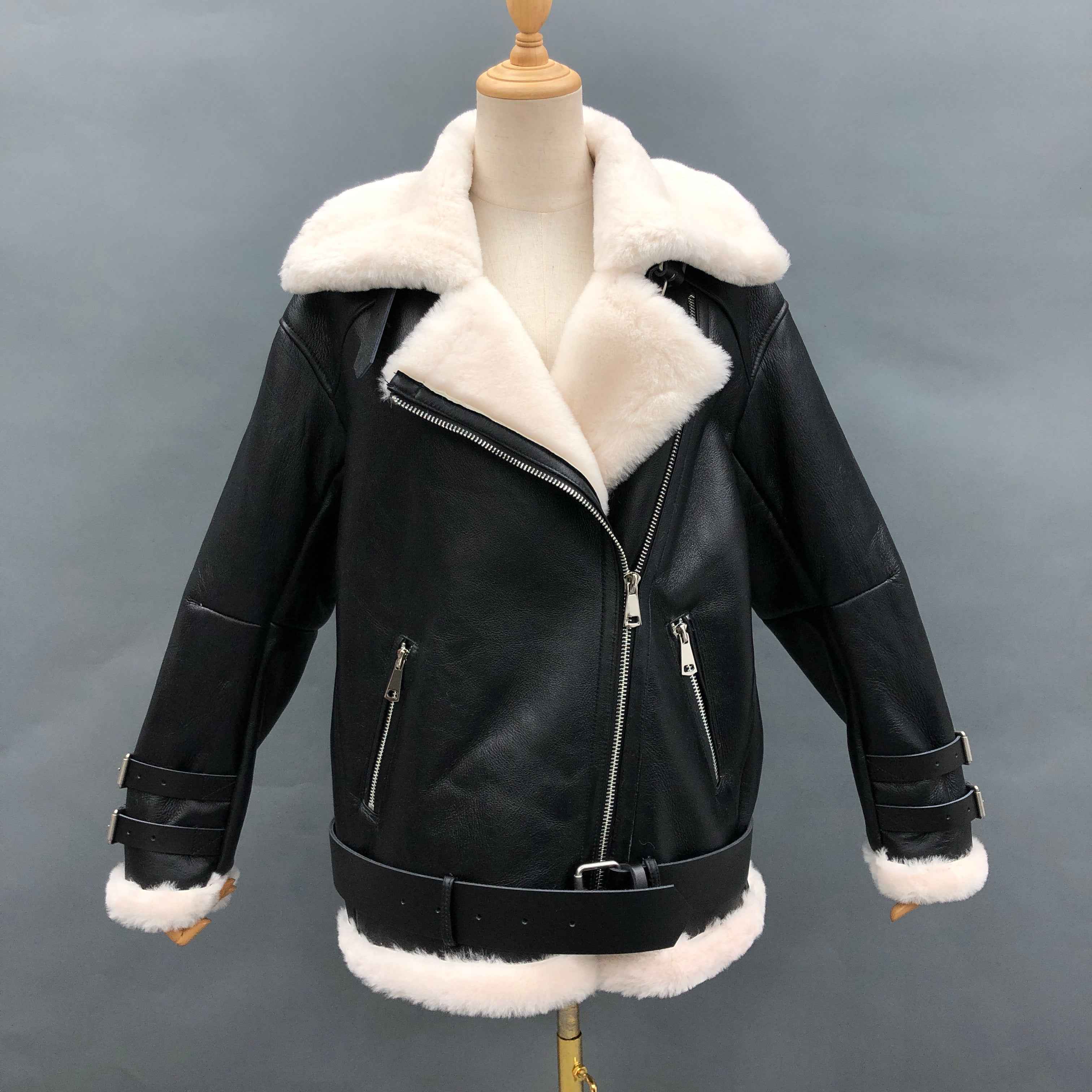 Women's Shearling Biker Jacket with Buckle Strap Cuffs & Contrast Fur Trim - Luxe Moto-Style Outerwear