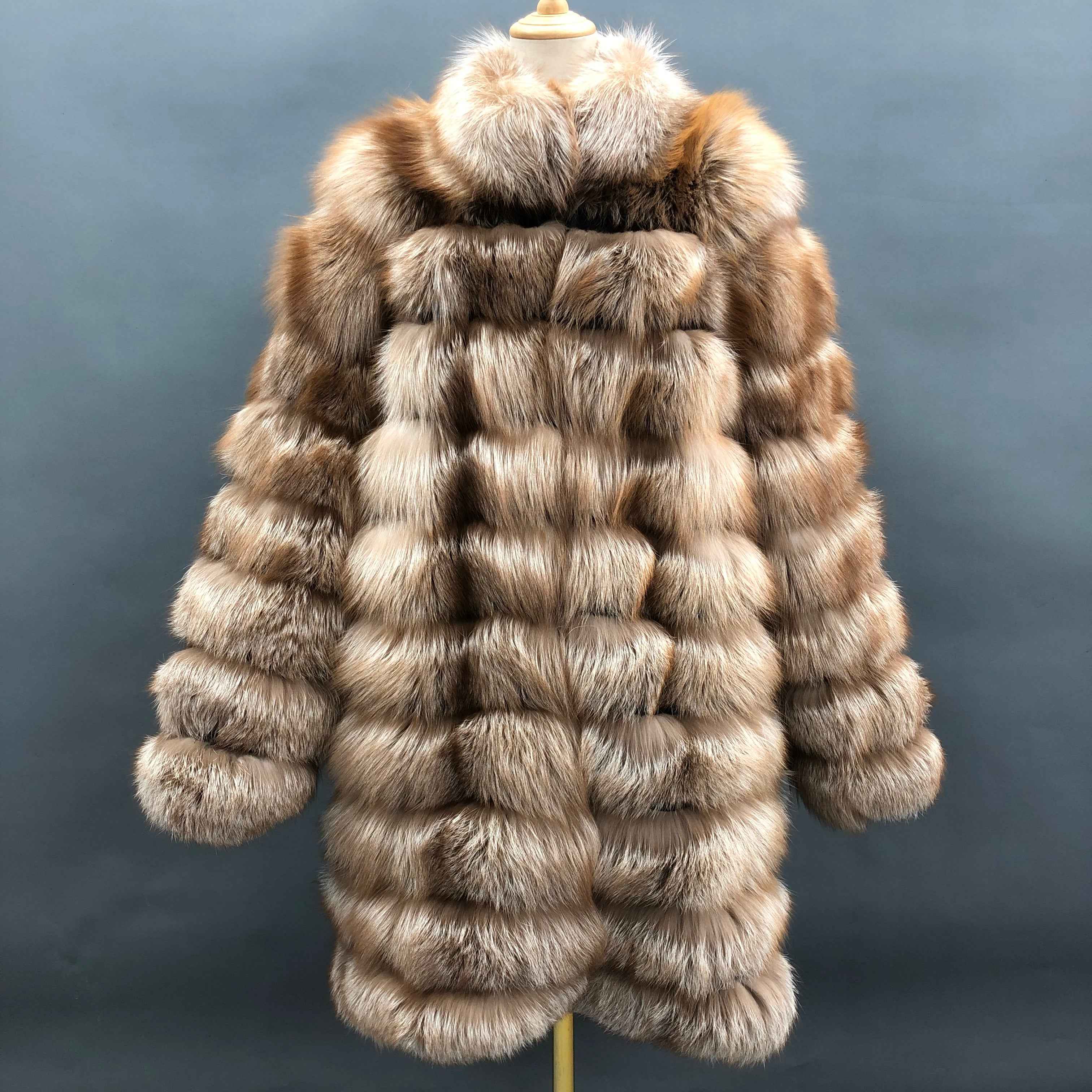 Vintage 10 - Panel Horizontal Stripe Stand Collar Fox Fur Coat - Winter Warm Outerwear Golden