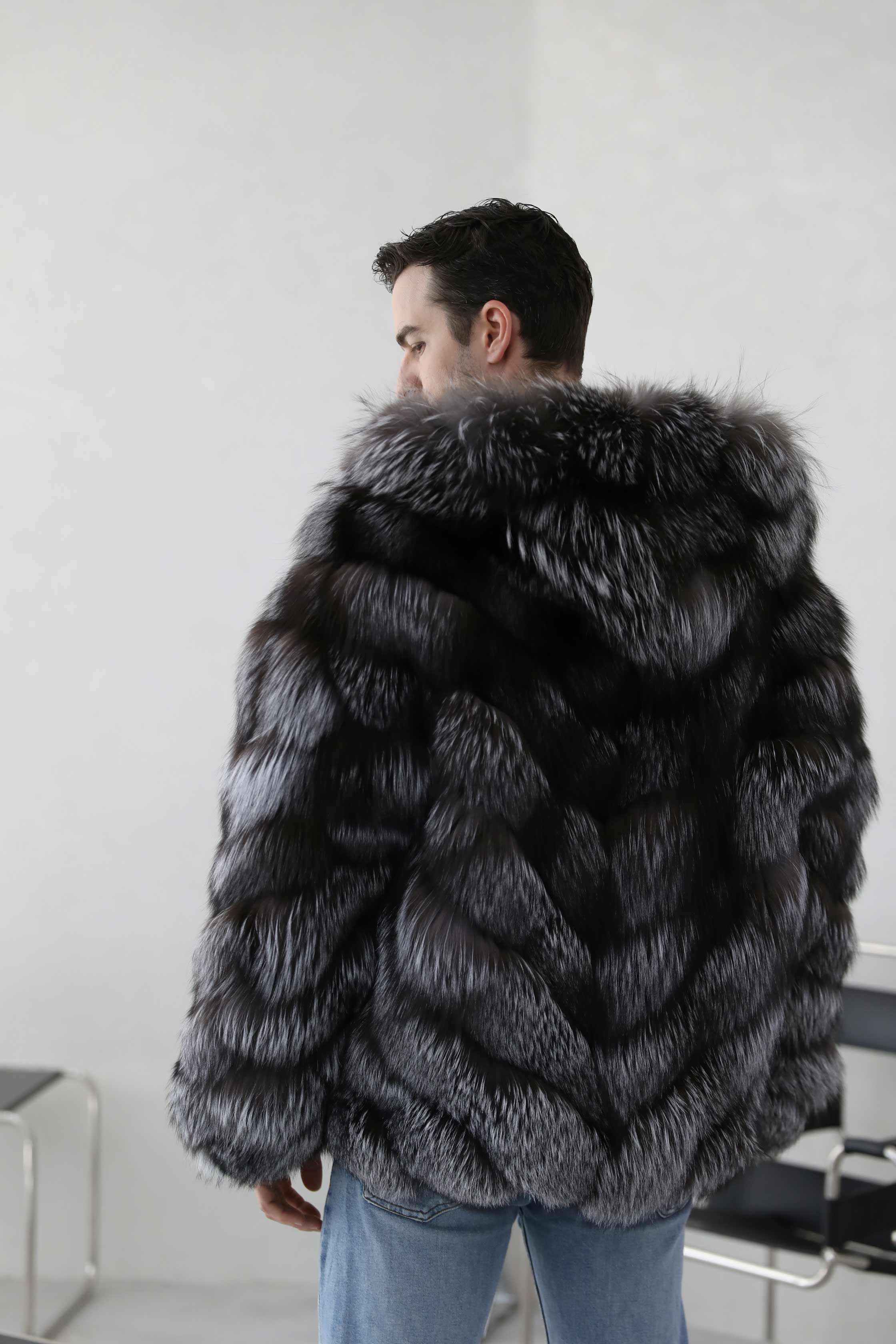 Hooded Luxury Diagonal Stripe Fox Fur Jacket Warm Men's Coat - Janefur