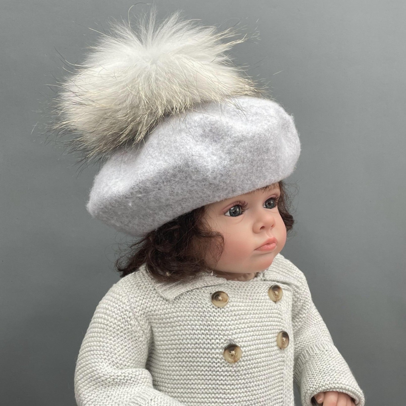 New Children's Autumn and Winter Wool Beret with Fur Pom Pom - Janefur