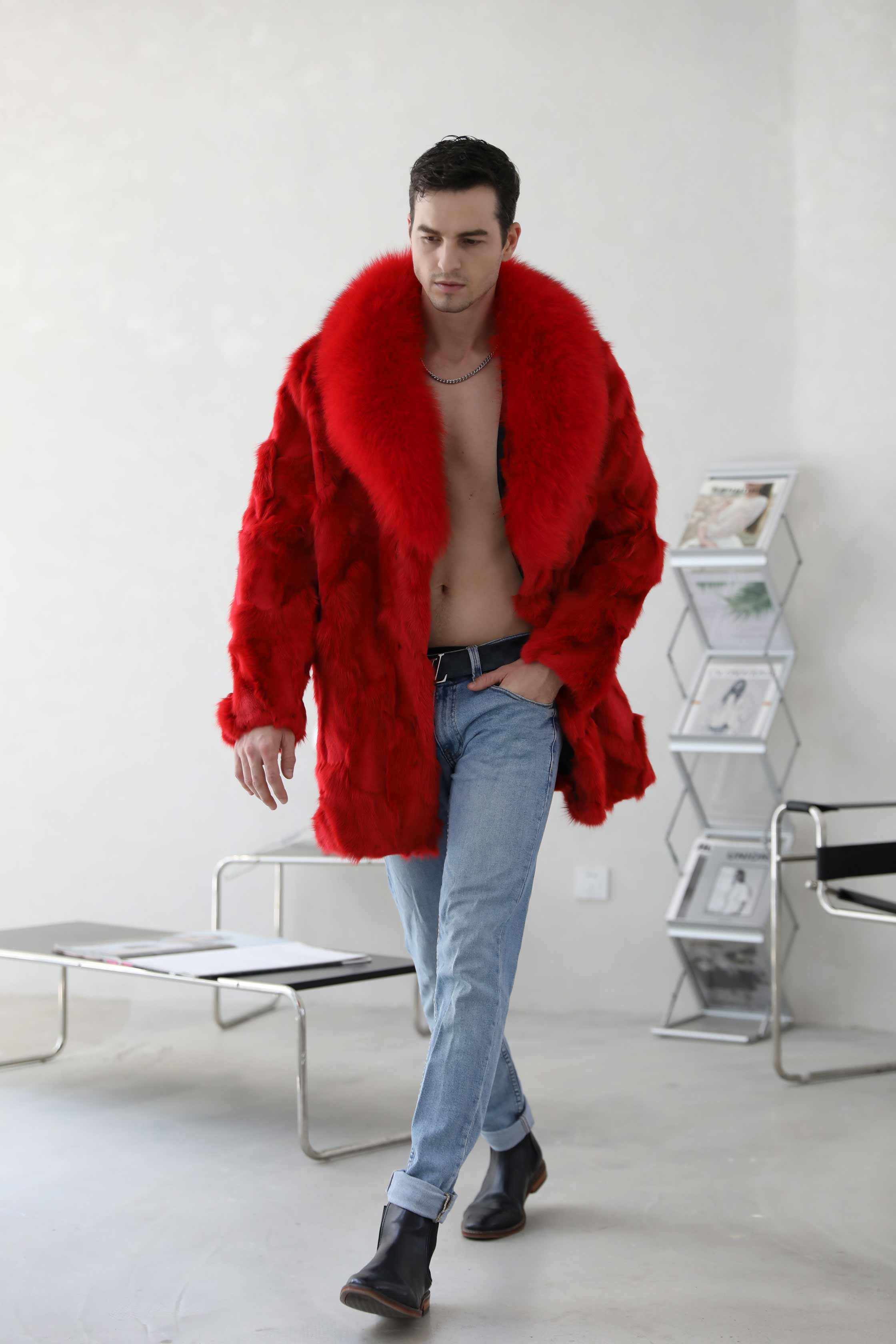 Winter Fashion Men's Long Fox Fur Collar Red Coat - Janefur