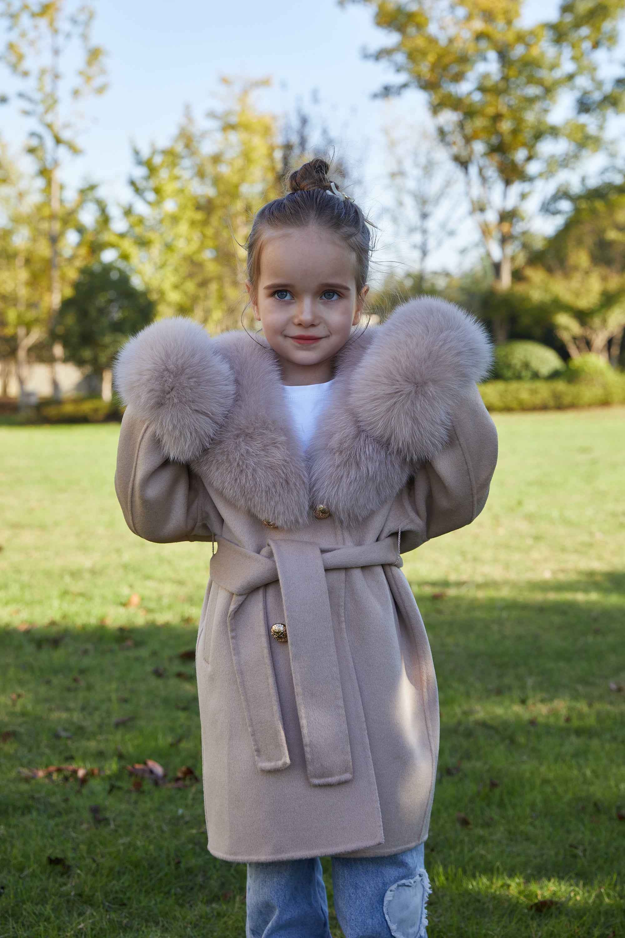 European Style Long Double Side Real Fur Shawl Collar Cashmere Wool Fur Children Coat