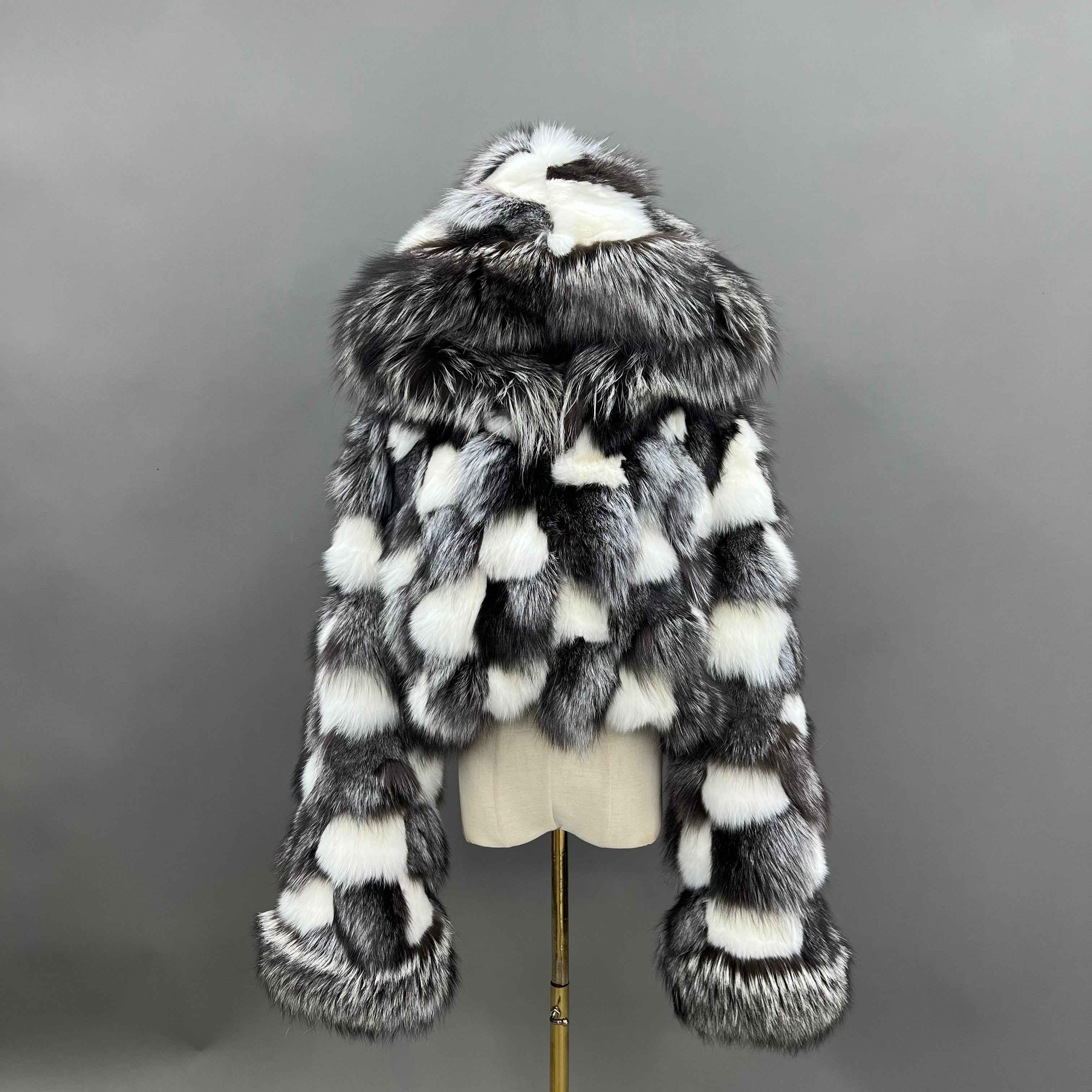 Fox Front Zipper Coat with Hood 28# Black & White Leopard Mix