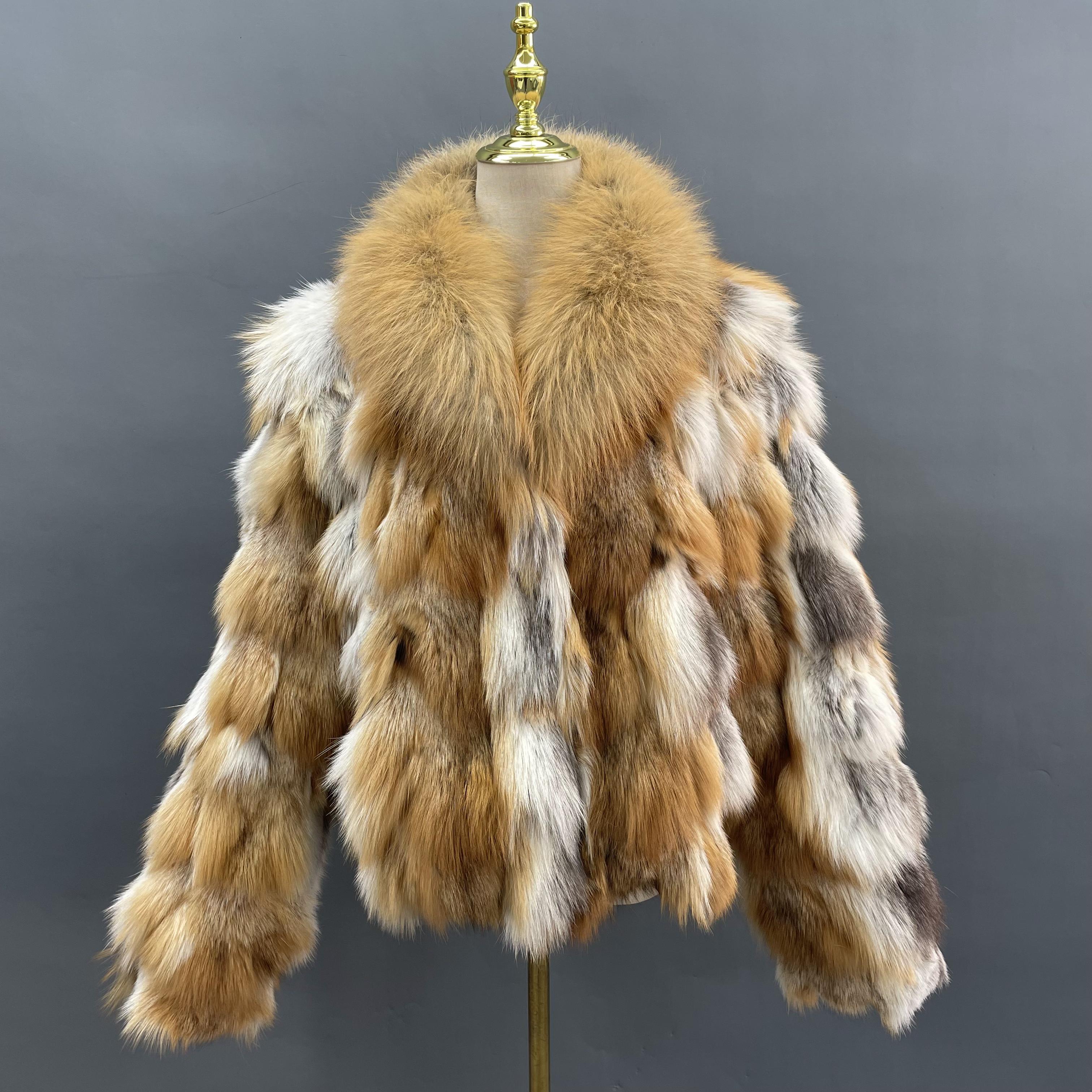 Plus Size Women's Short Stylish Lapel Real Fox Fur Luxury Jacket - Janefur