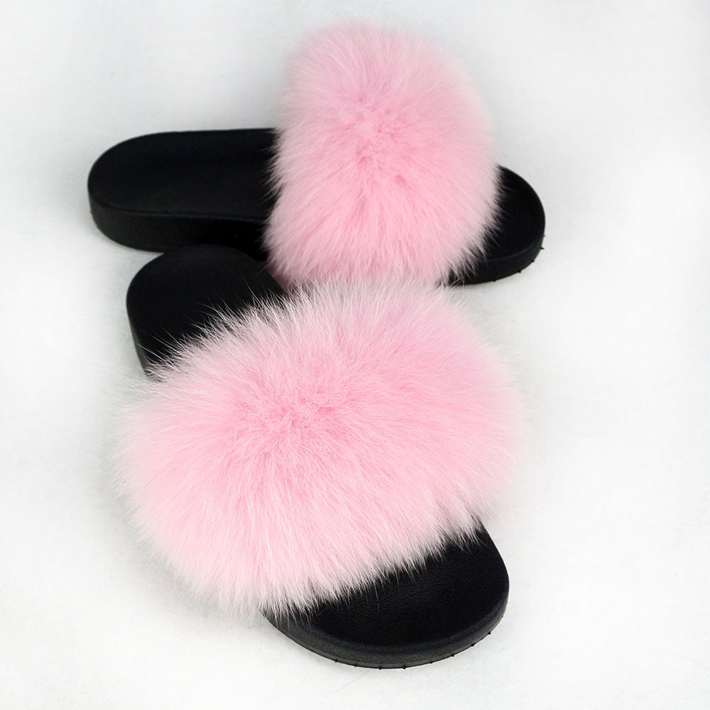 Janefur Wholesale Women's Fashion Slippers With Real Fox Fur Trim (Black, Gold, Silver Soles)