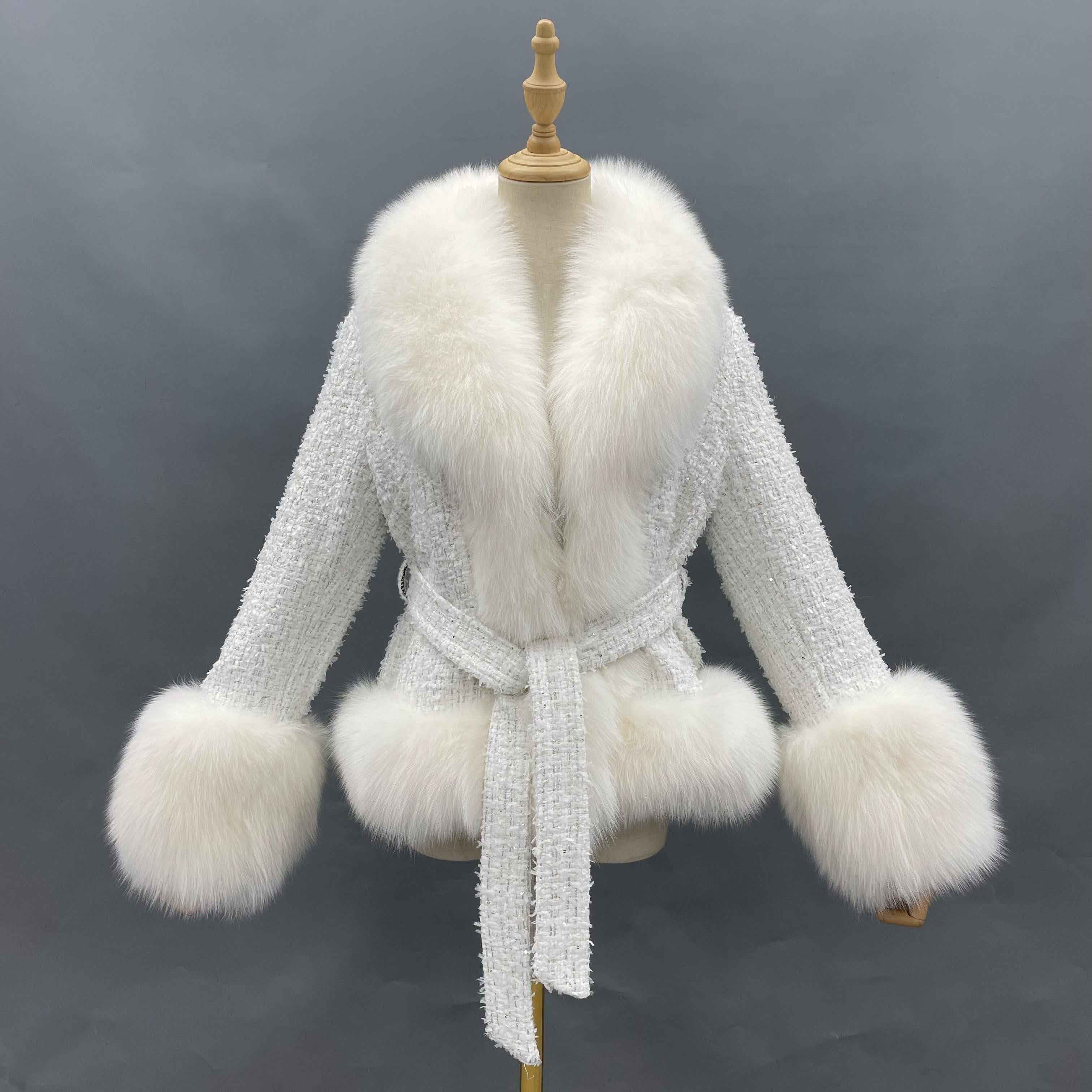 Luxury Elegant Single - Sided Wool Coat with Real Fox Fur Trim and Chic Houndstooth Pattern
