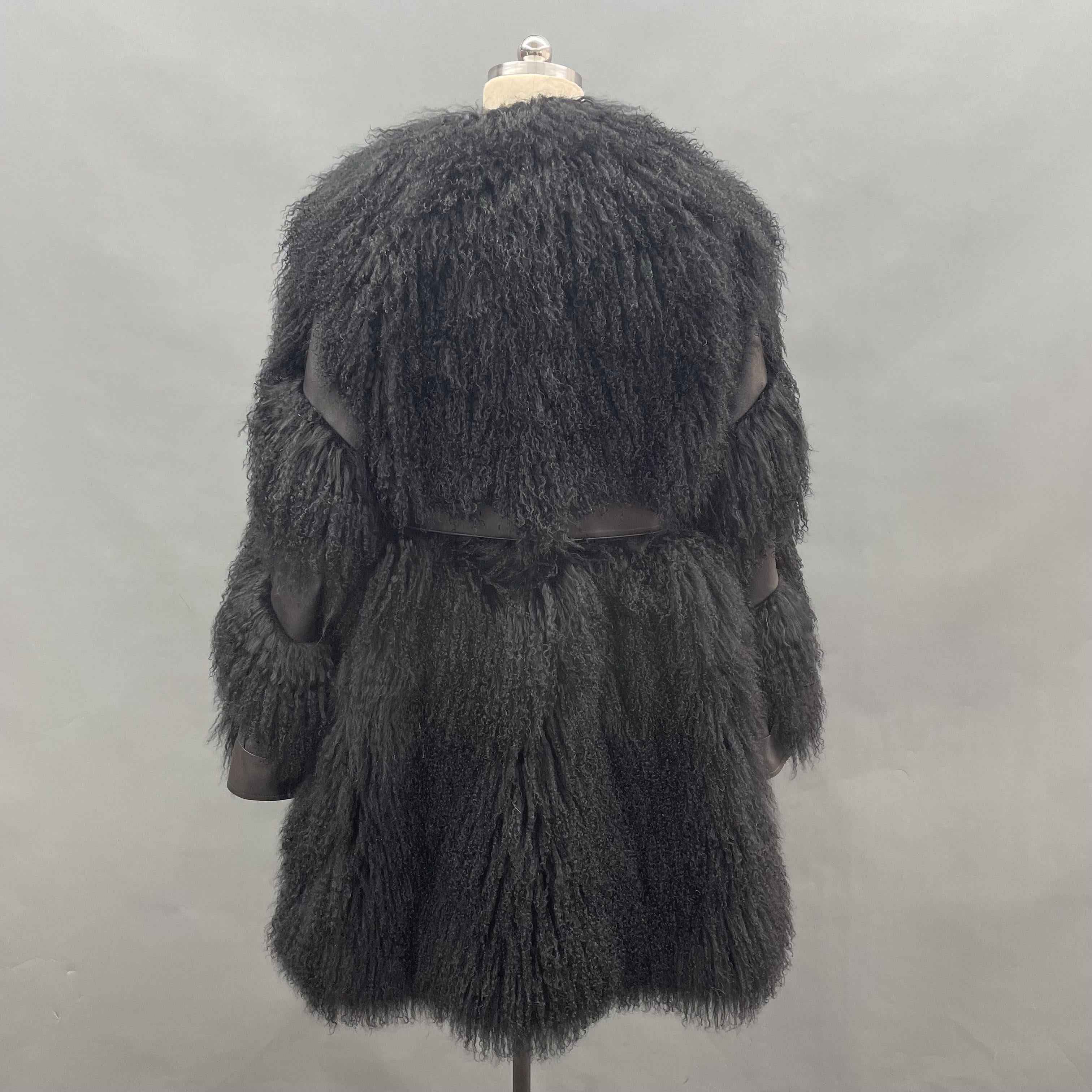 Men's Mid-Length Charcoal Grey Mongolian Lamb Fur Coat – Belted, Curly Hair, Stylish Winter Outerwear for Men