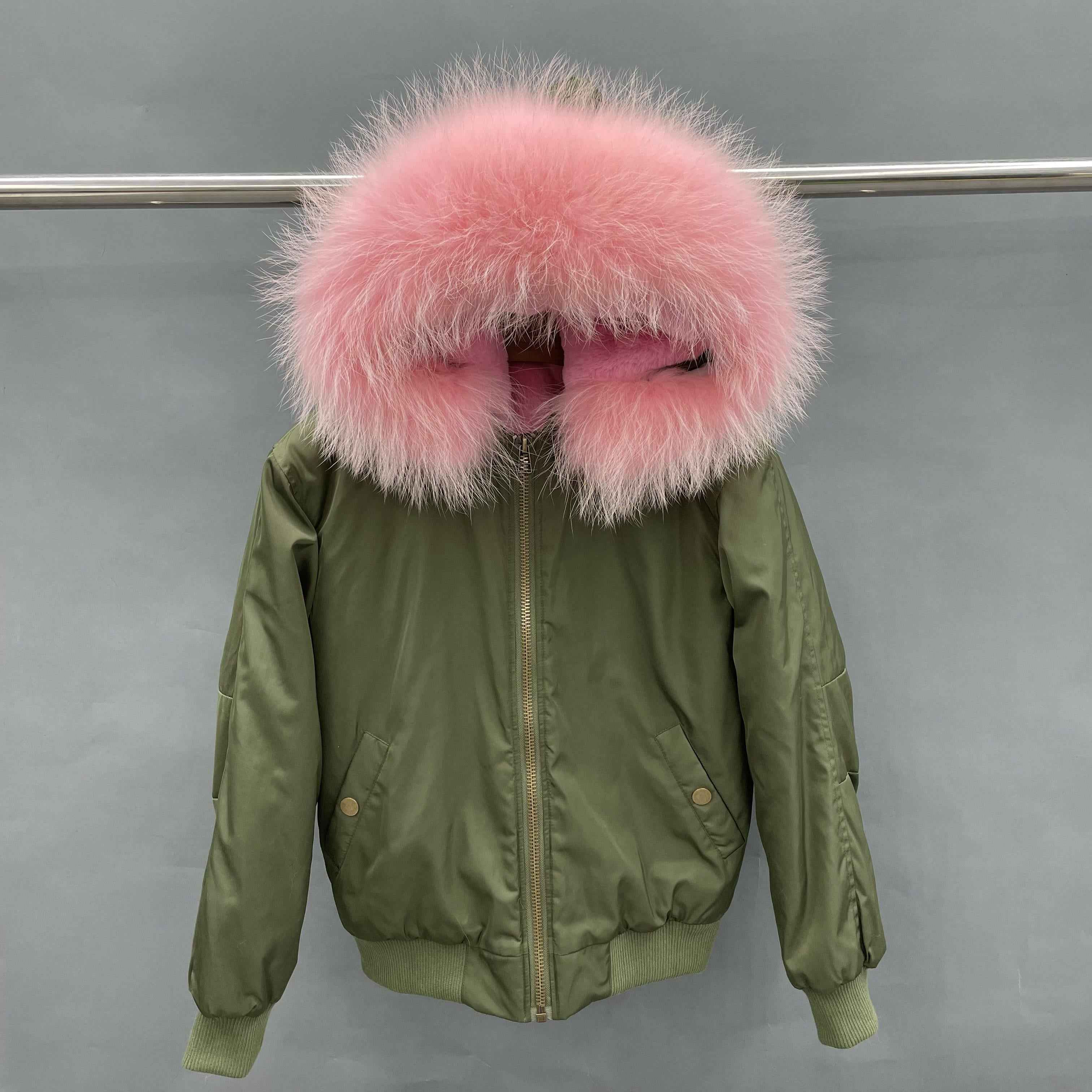 Women's Bomber Jacket with Raccoon Fur Collar – Winter Flight Jacket, Faux Fur Trim Aviator Coat for Cold Weather 6#Green