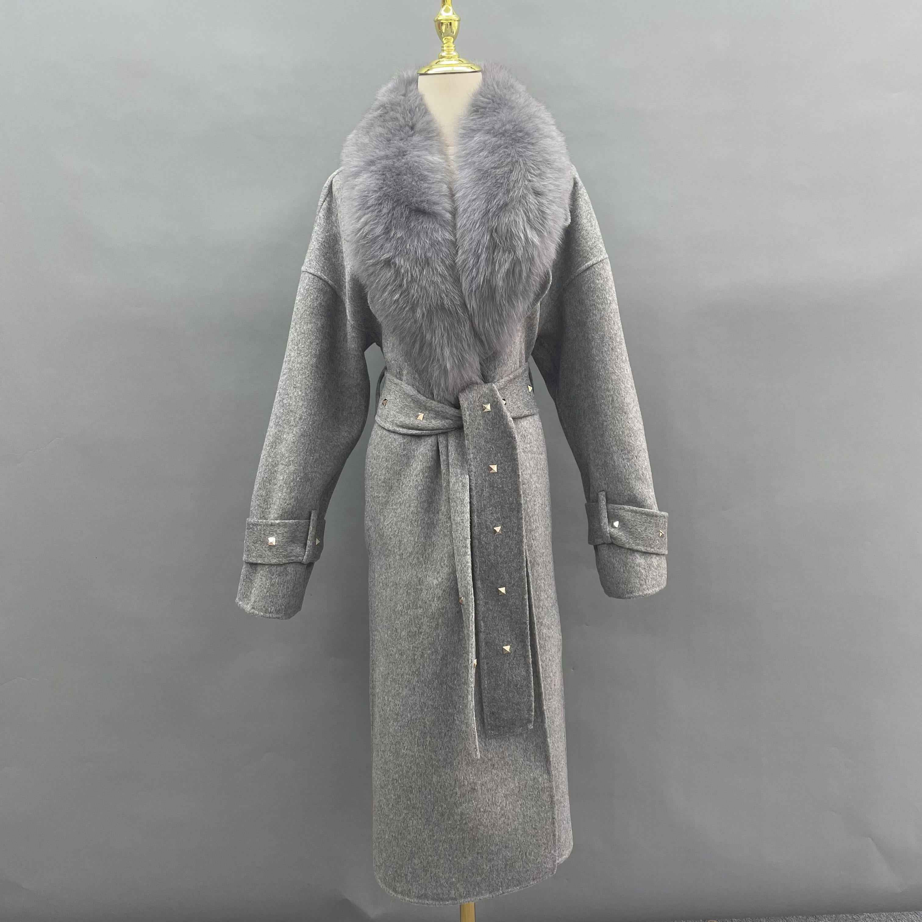 Luxury Double-Faced Wool Coat with Fox Fur Collar and Studded Button Detailing – Elegant Long Overcoat for Women