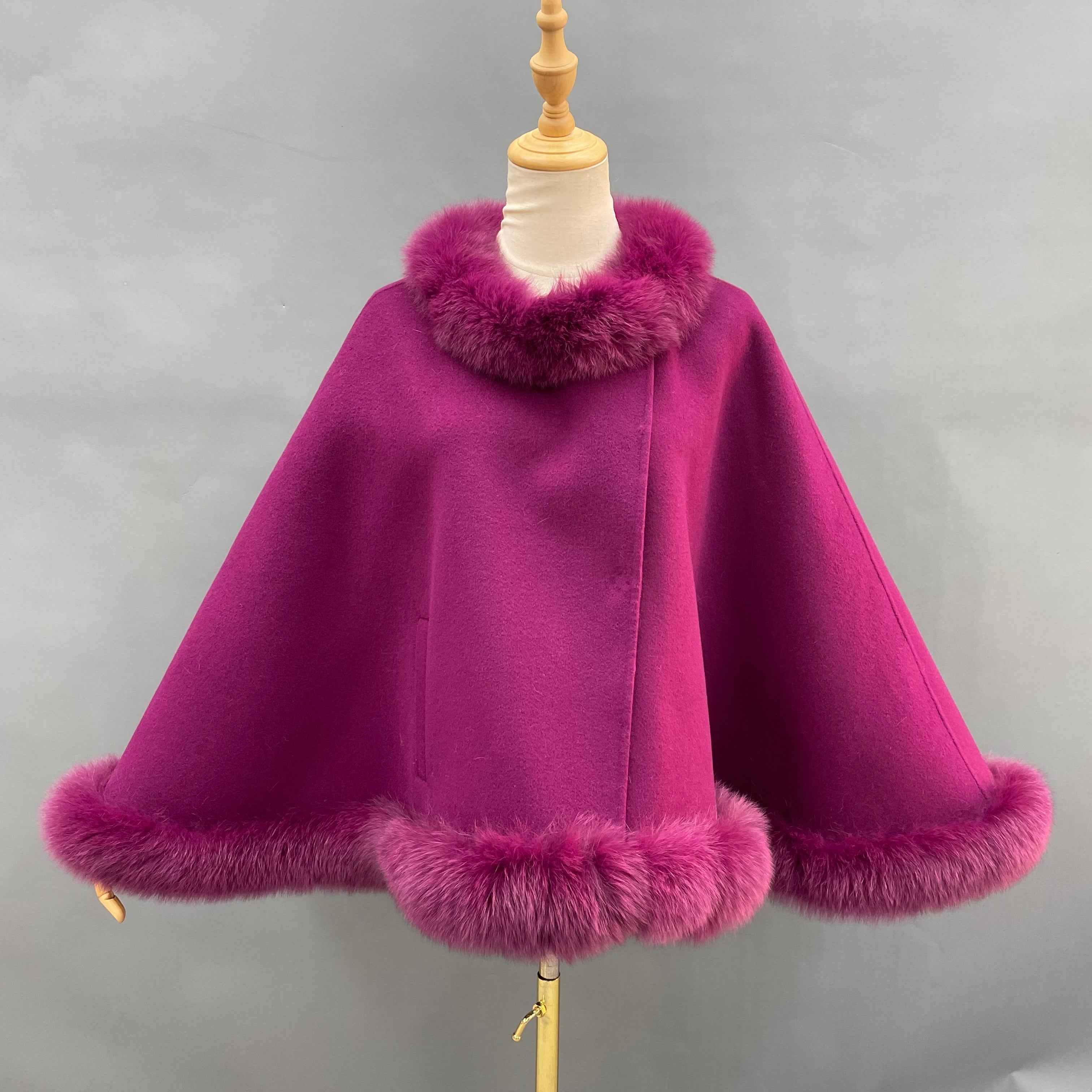 Women's French Designer Style Double-Faced Wool Cape with Fox Fur Trim at Hem - Elegant Luxury Winter Outerwear