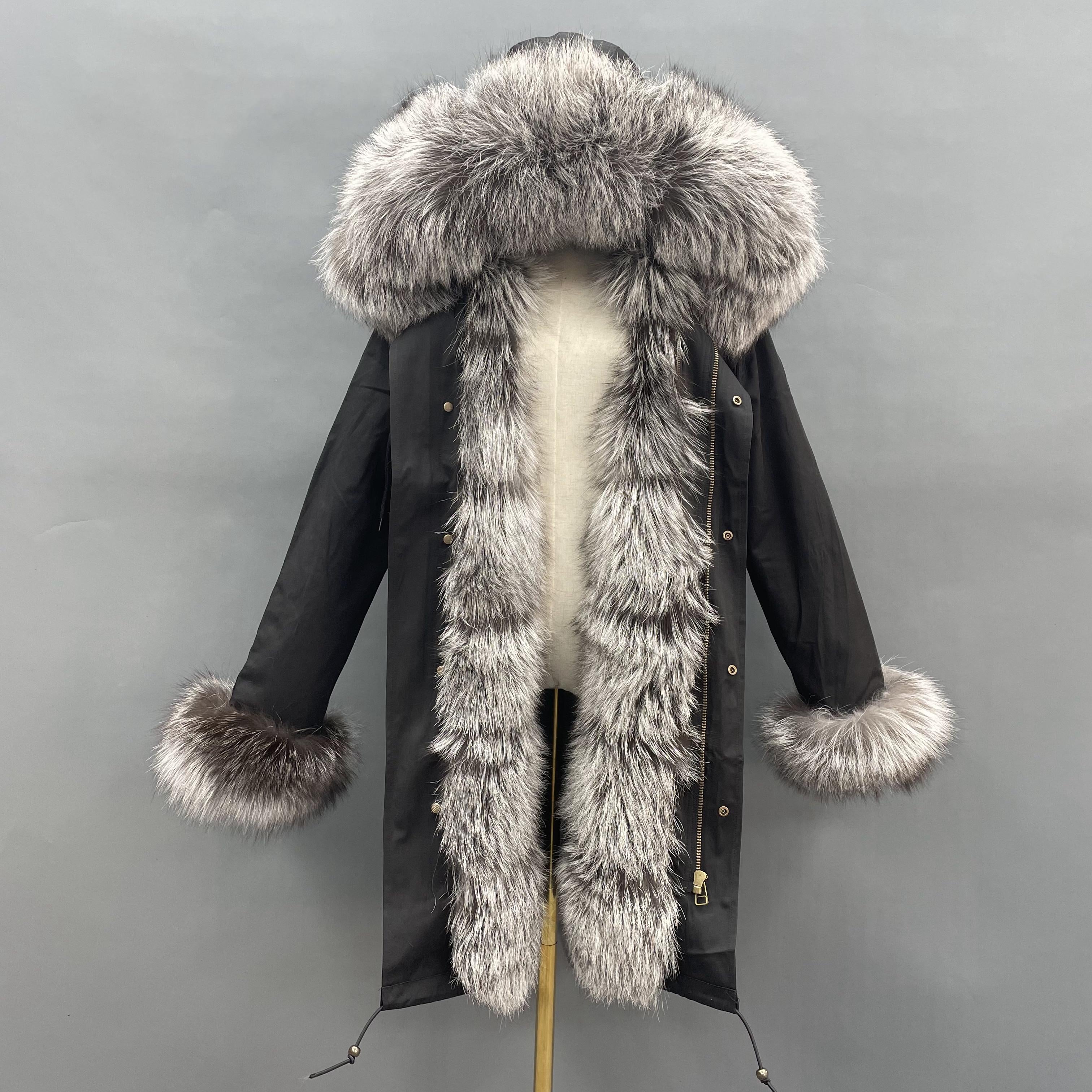 Long Black Parka with Pink Fox Fur Trim – Hooded Winter Coat for Women, Faux Fur Collar & Cuffs, Warm Oversize Outerwear 2#