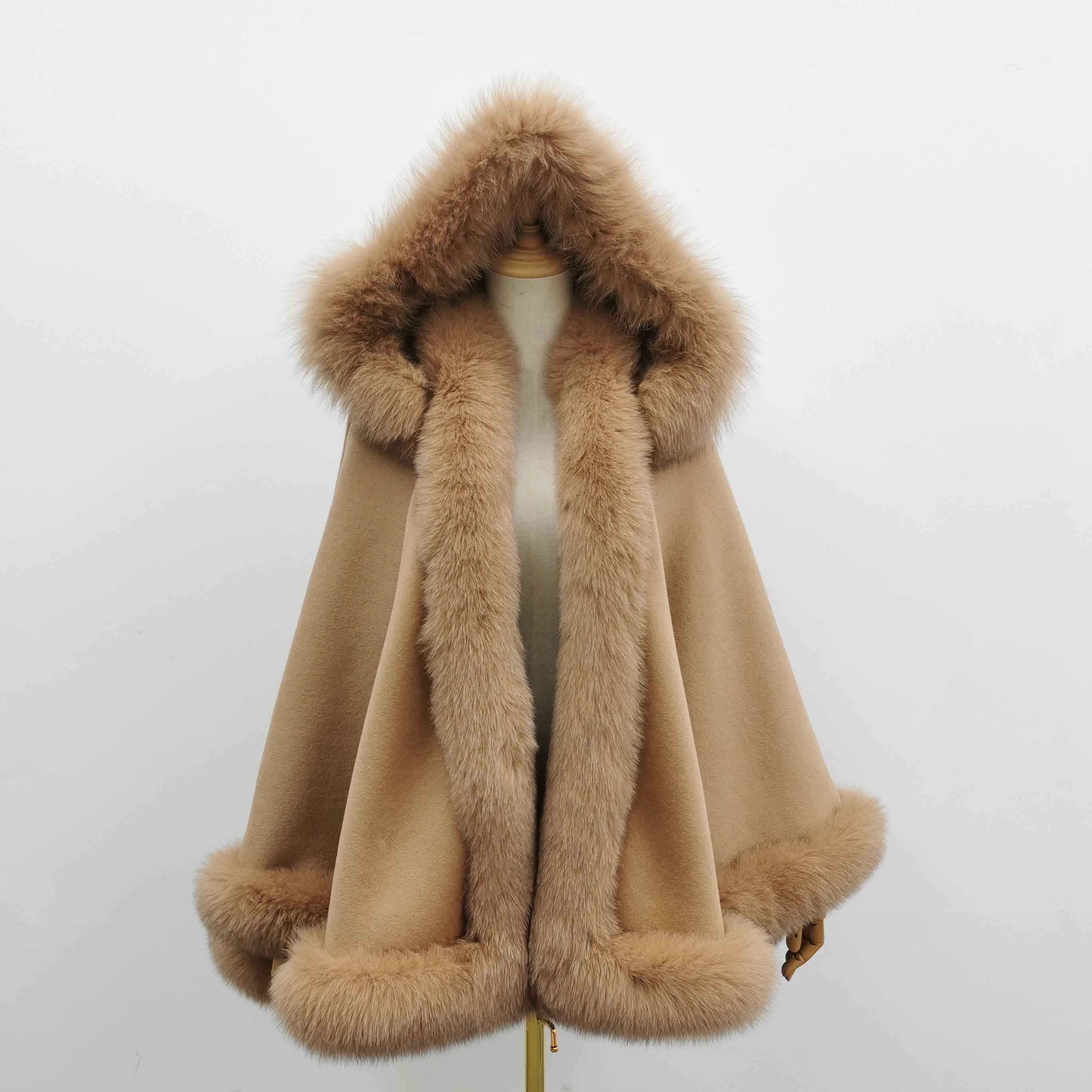 Women's Luxurious Fox Fur Cape with Removable Hood - High-End Winter Outerwear Camel F