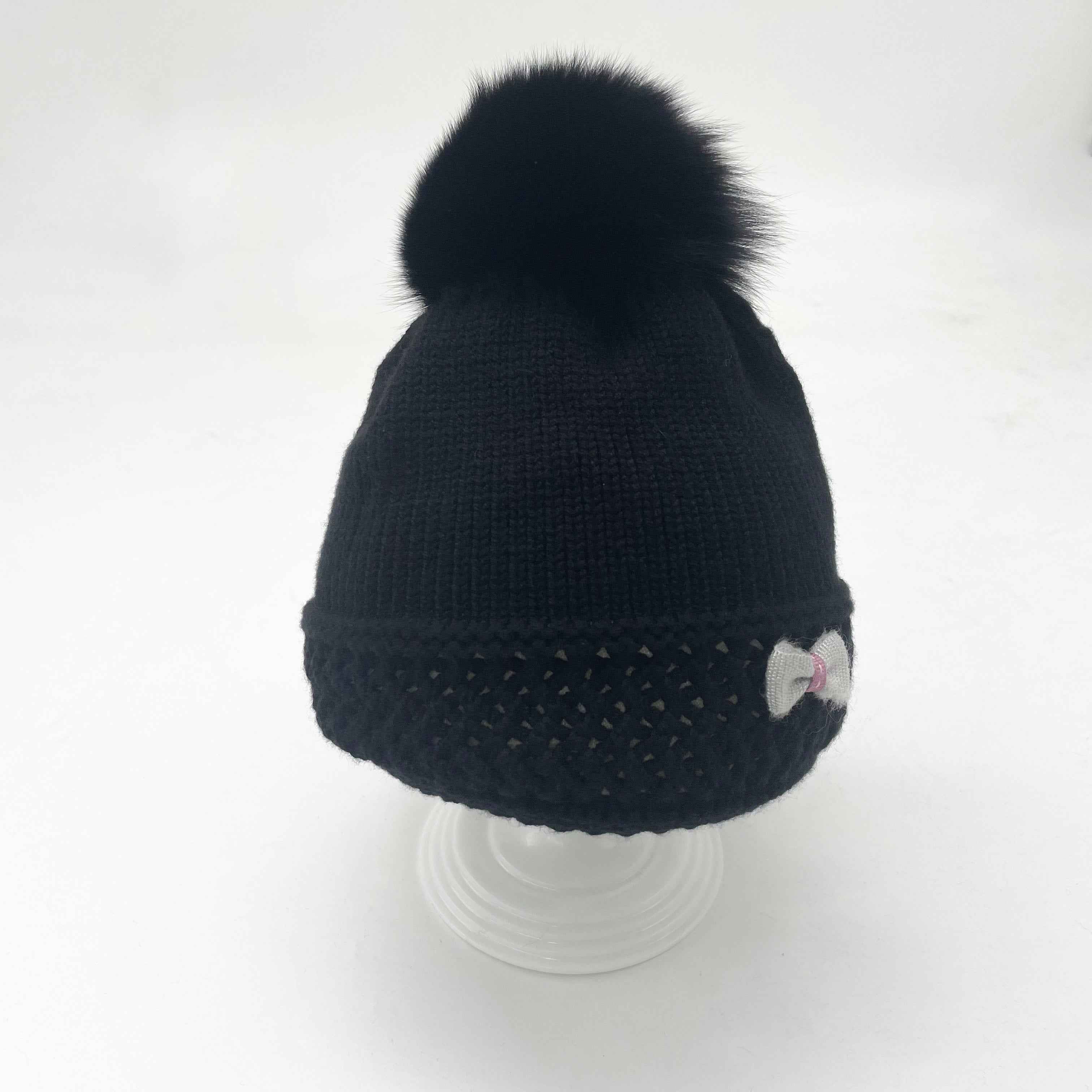 Girls' Red Knit Beanie with Fox Fur Pom-Pom & Bowknot – Warm Winter Hat for Kids, Cute & Stylish 4#Jet Black Child a17 b38-60
