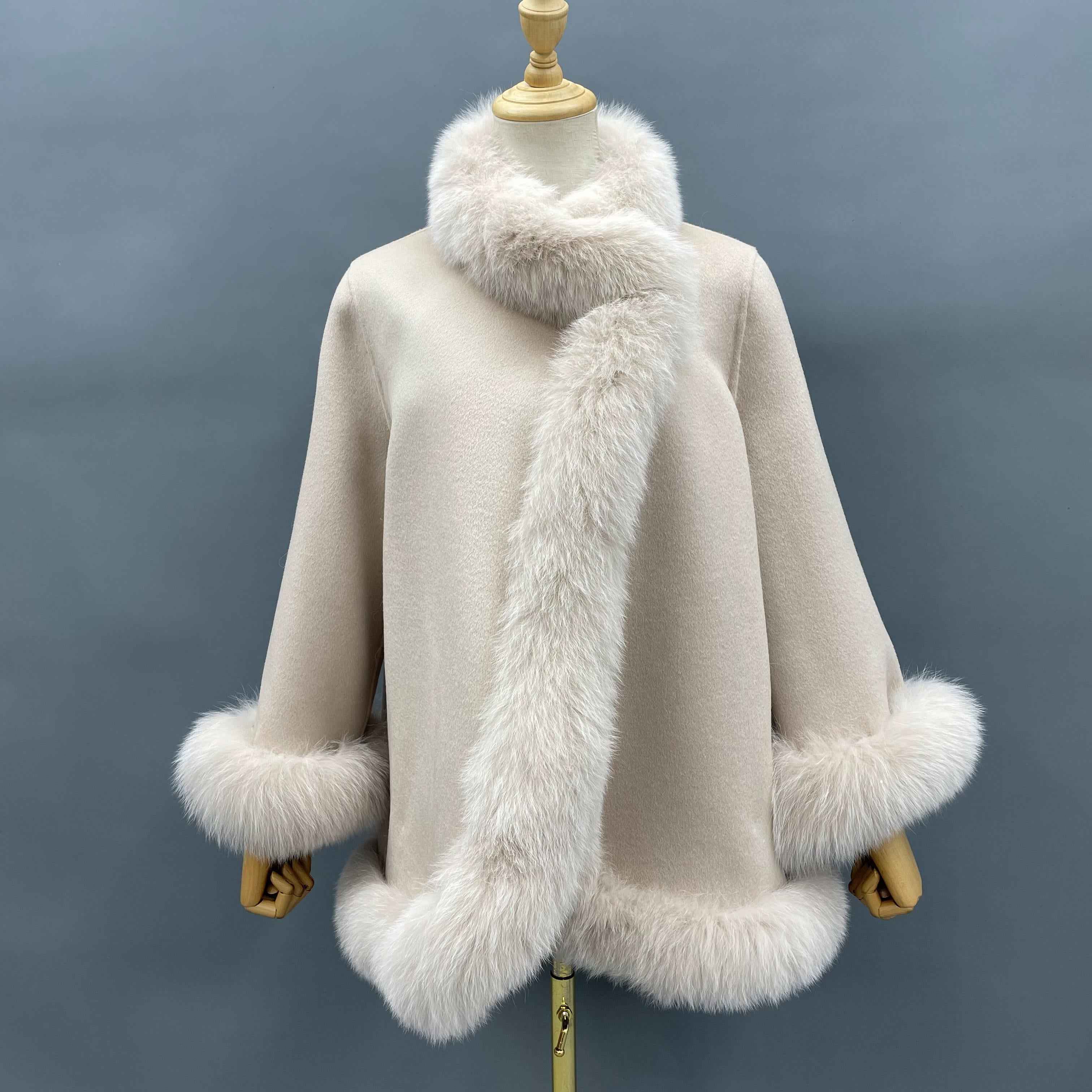 Women's Luxury Double - Faced Wool Cape with Fox Fur Trim
