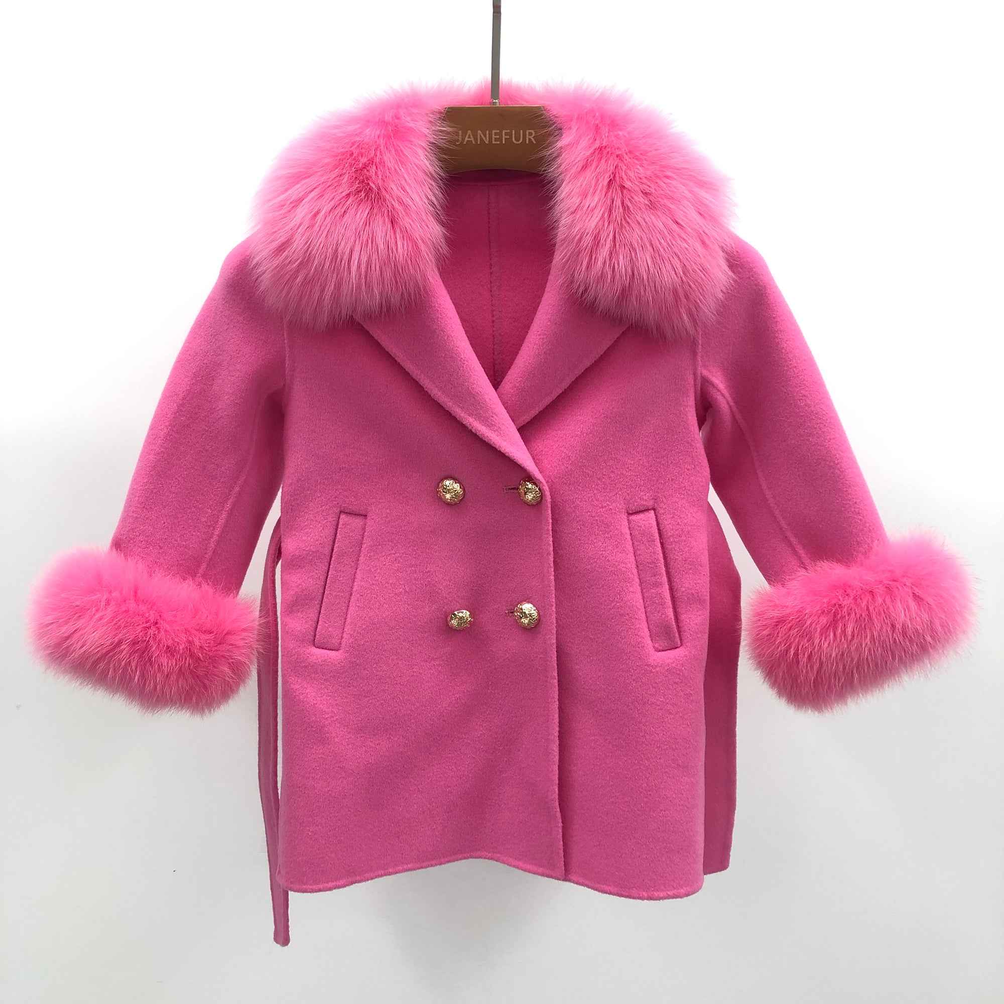 Janefur Children's cashmere belt hooded coat