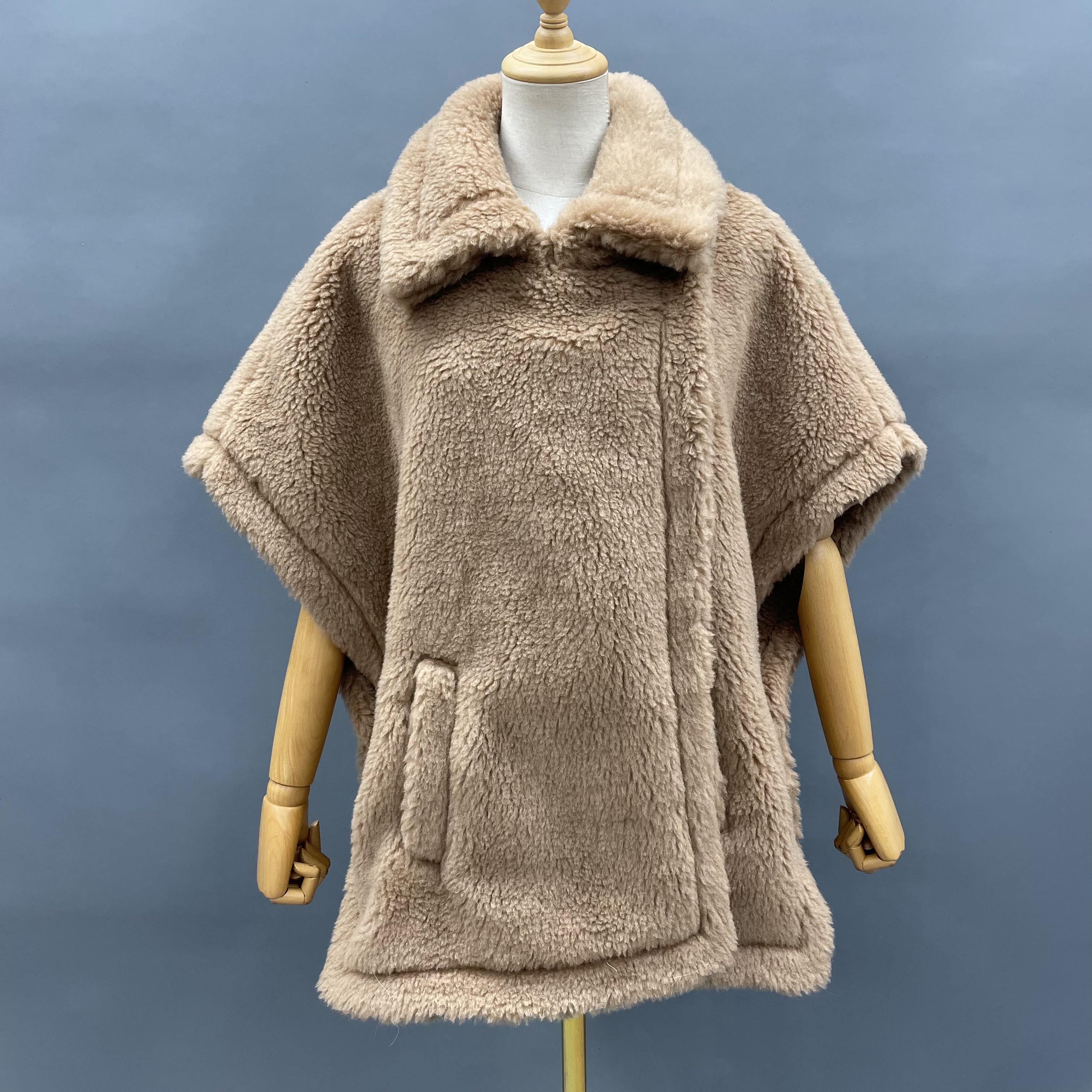 Women's Tan Teddy Fleece Poncho Coat with Notched Lapel & Pocket - Chic Winter Outerwear