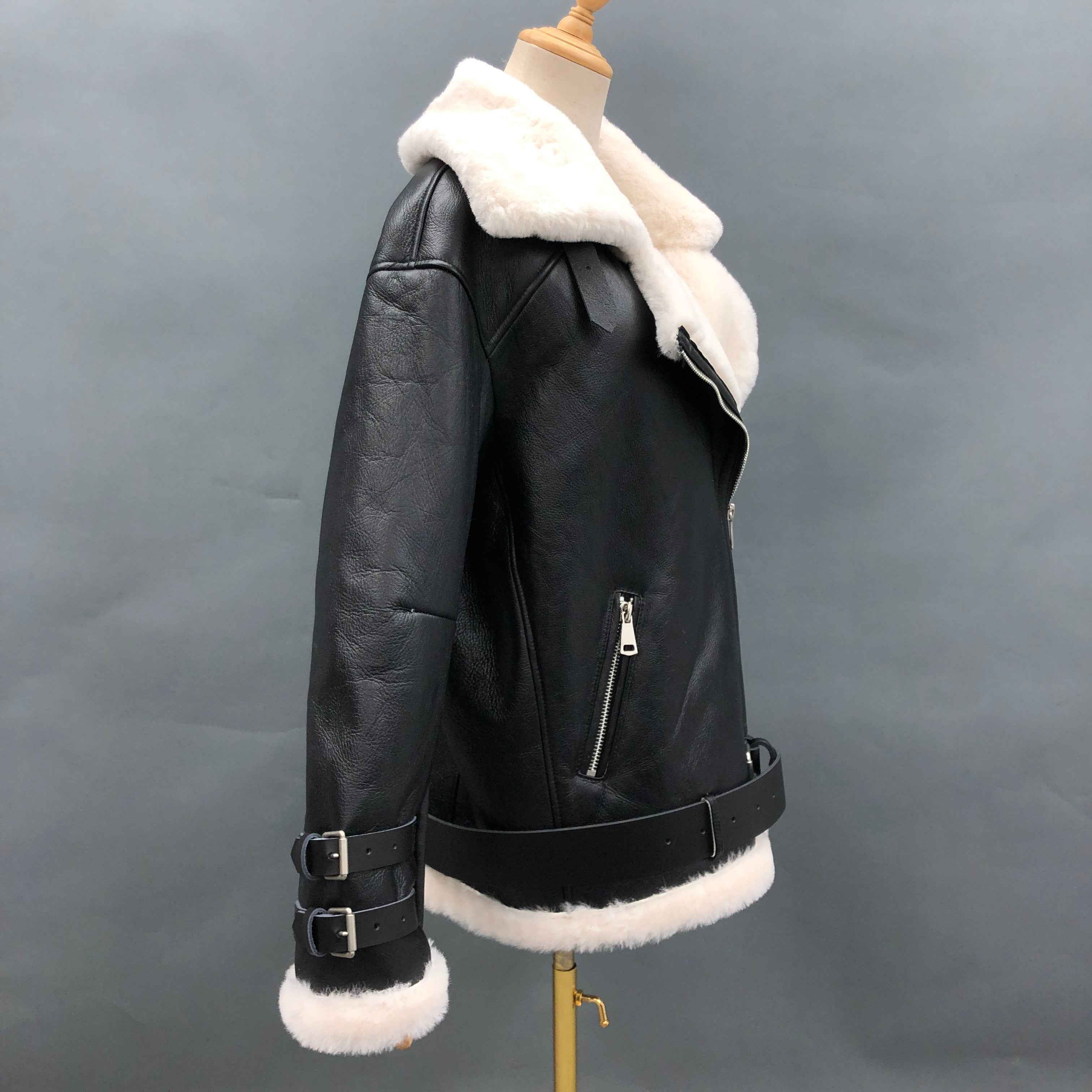 Women's Shearling Biker Jacket with Buckle Strap Cuffs & Contrast Fur Trim - Luxe Moto-Style Outerwear