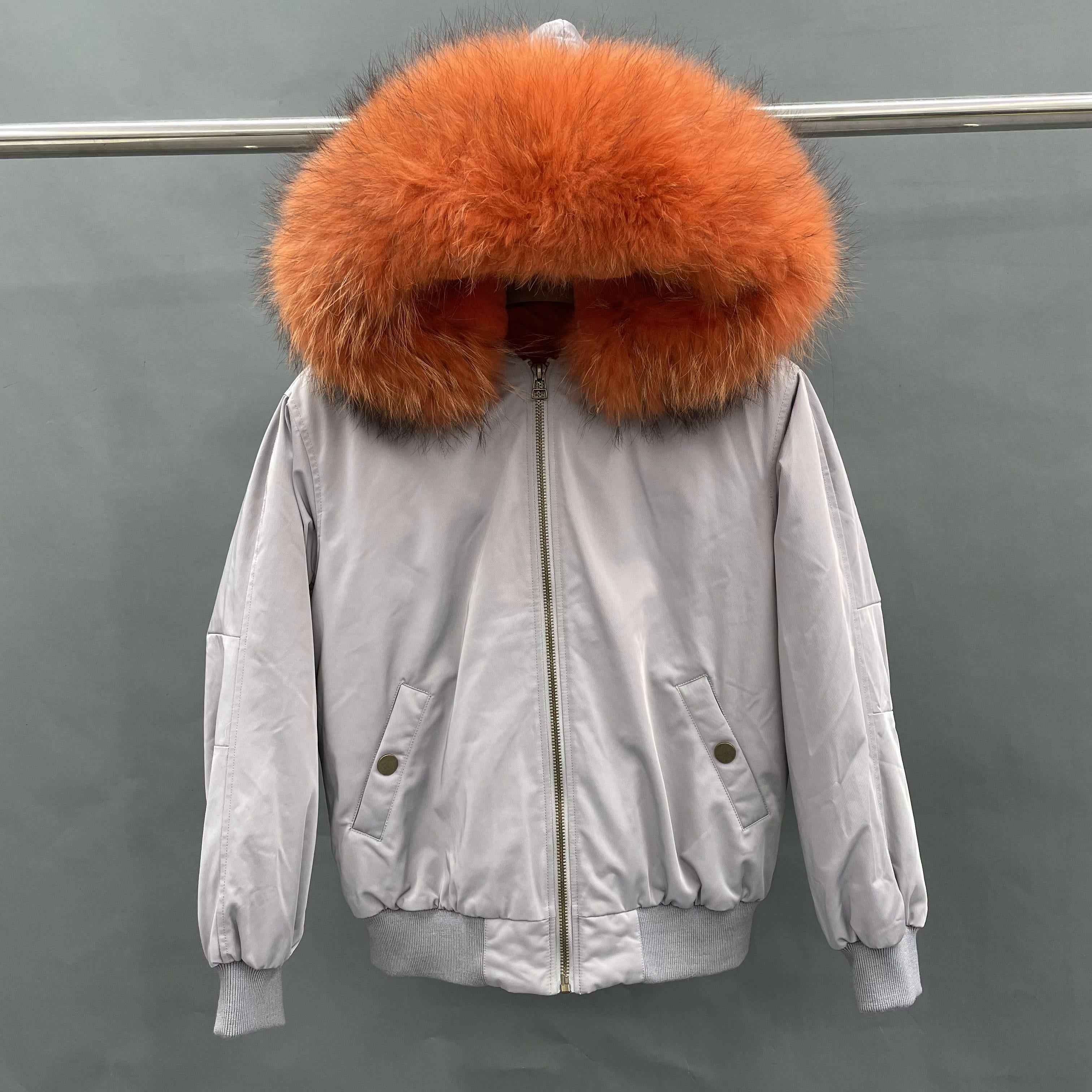 Women's Bomber Jacket with Raccoon Fur Collar – Winter Flight Jacket, Faux Fur Trim Aviator Coat for Cold Weather 7#Grey