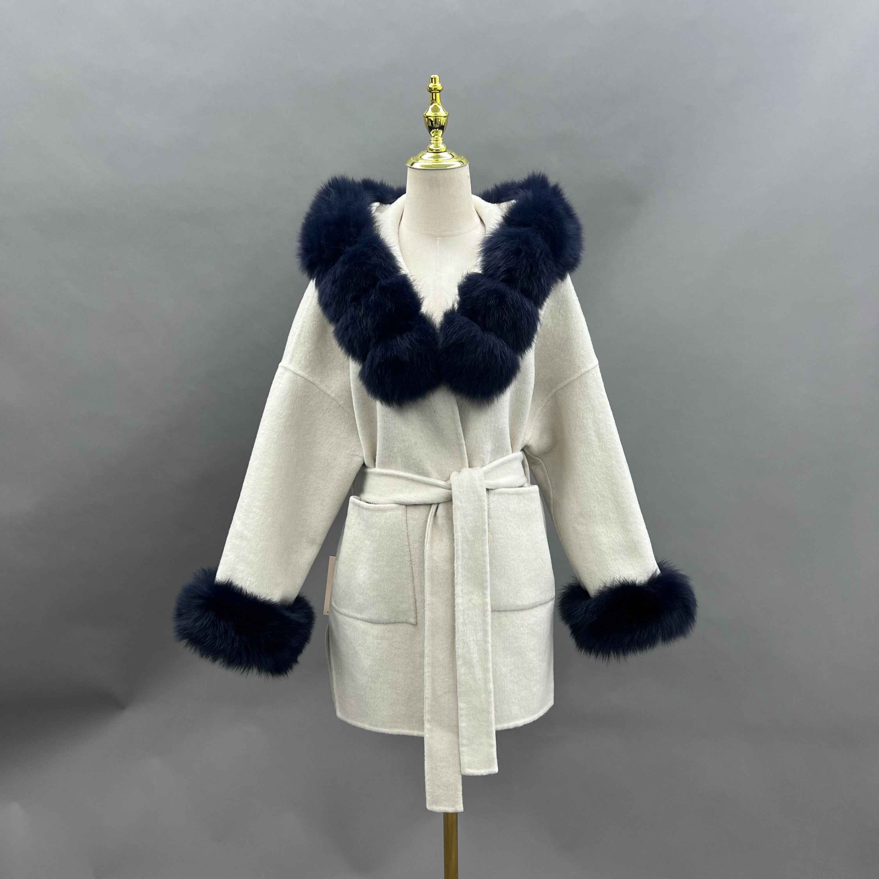 Chic Double-Faced Wool Coat with Plush Faux Fur Hood and Sleeves