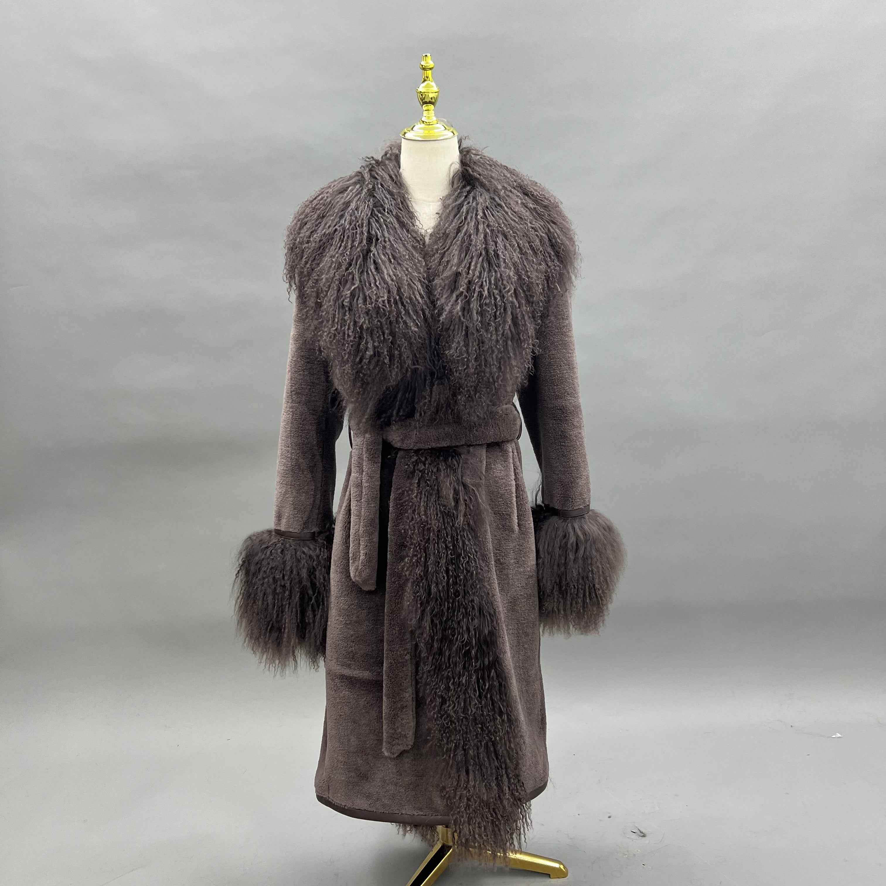Luxury Shearling Long Coat with Tibetan Lamb Fur Trimmed Cuffs & Placket, Belted Design