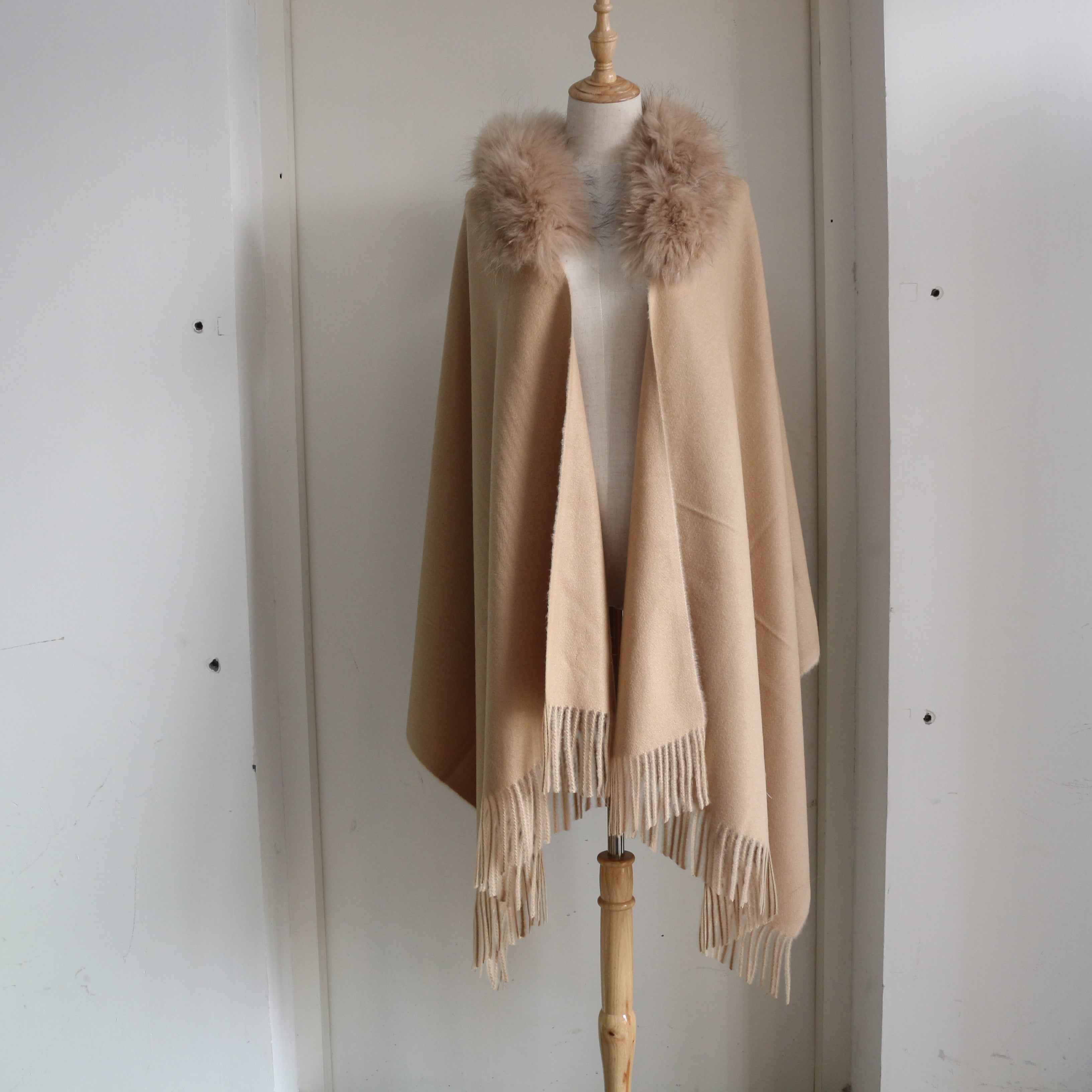 Women's Luxurious Mink Fur Shawl with Raccoon Dog Fur Collar & Fringe Detail - Winter Fashion Accessory 4#Camel F
