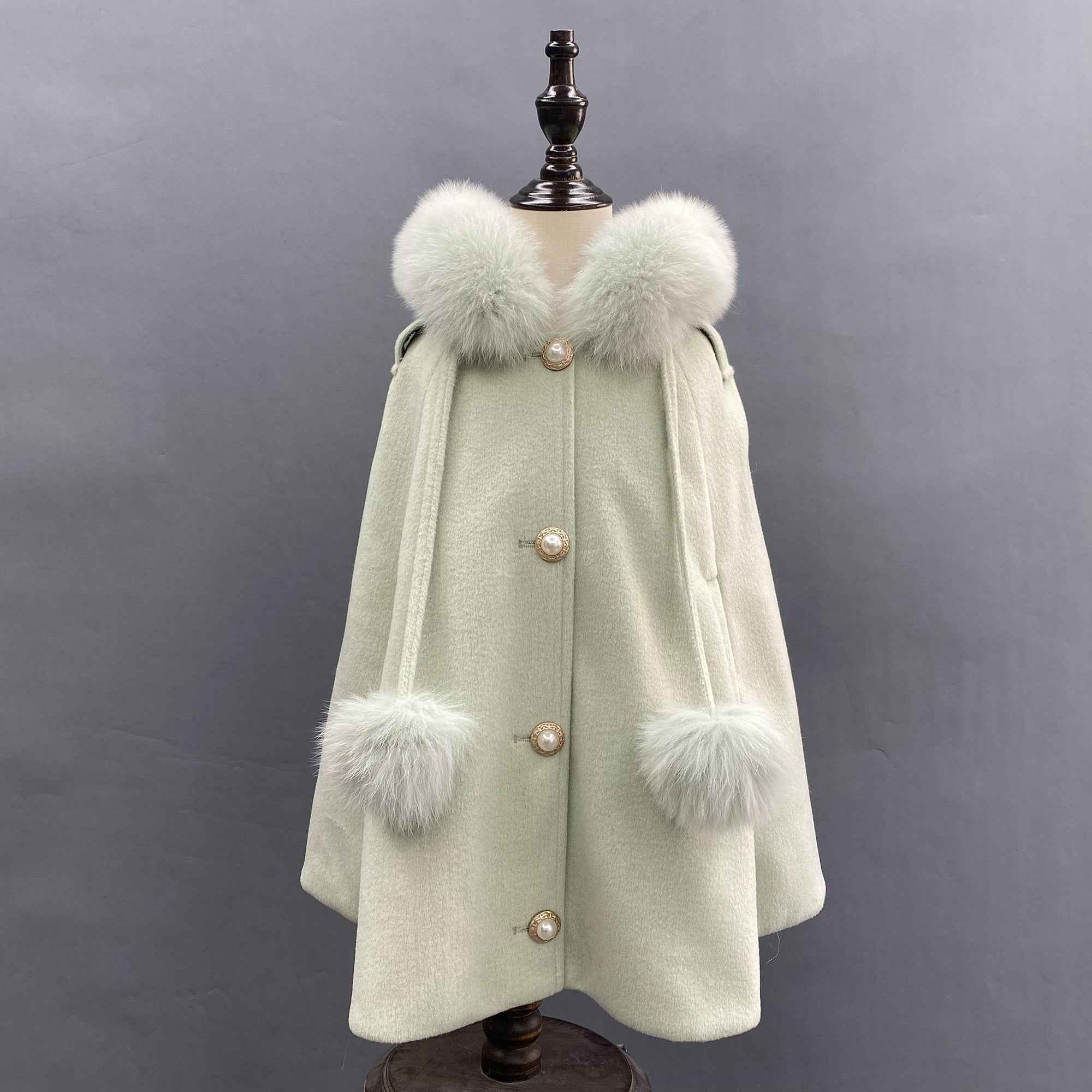 Kids fox fur trimmed pompom hooded cape