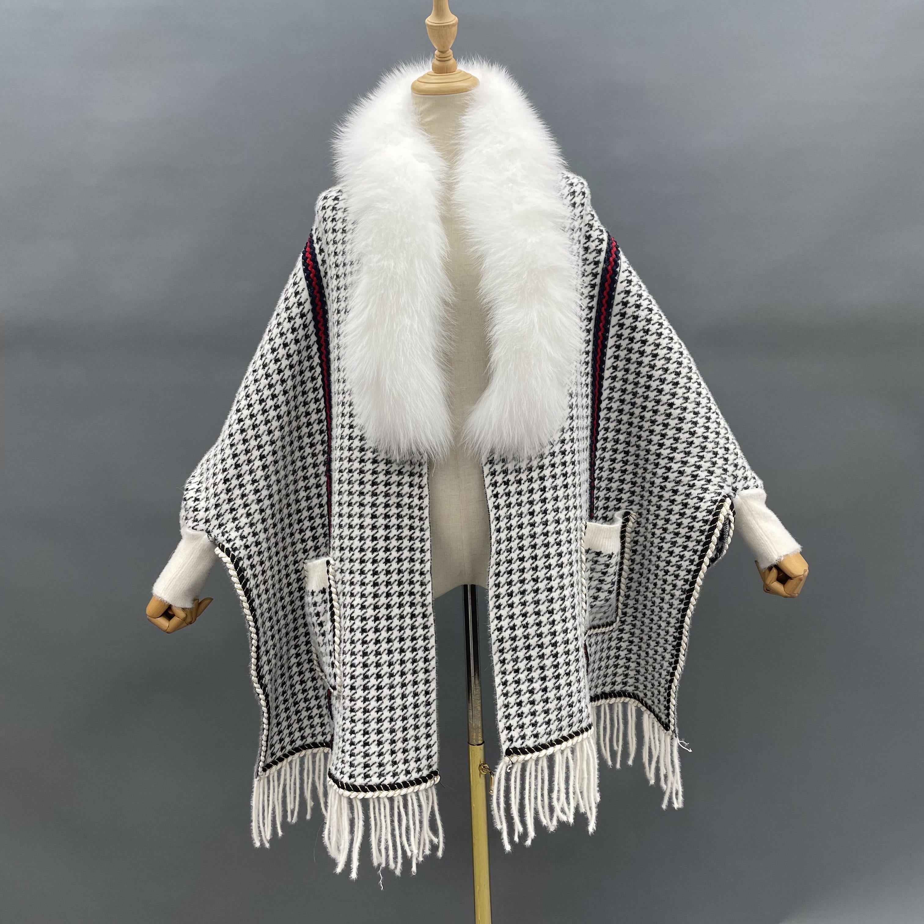 Women's Houndstooth Cape with Fox Fur Collar, Webbing Details, Pockets & Fringe - Luxurious Winter Shawl Accessory 4#White F
