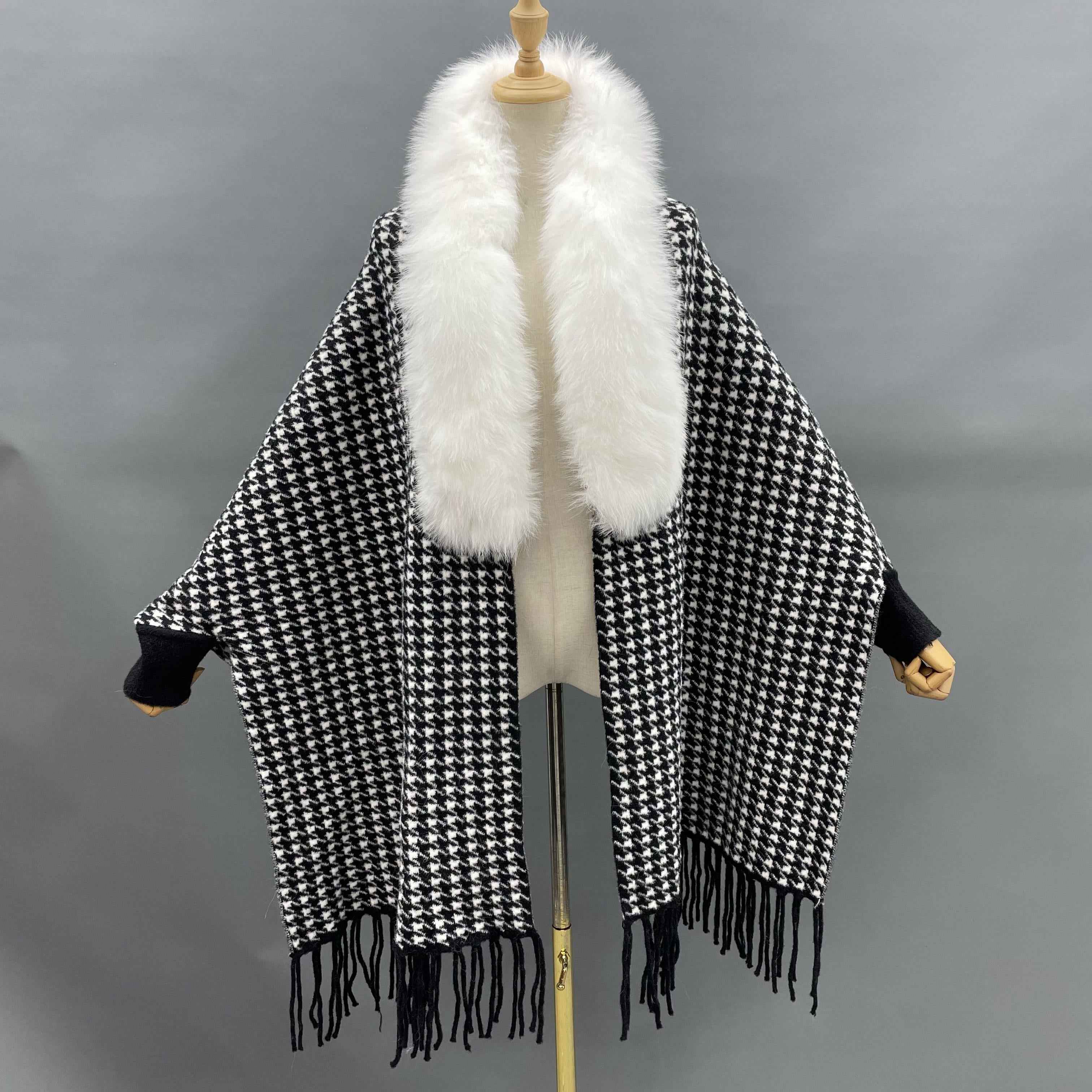 Women's Houndstooth Cape with Fox Fur Collar, Ribbed Cuffs & Fringe Detail - Luxurious Winter Outerwear 4#Black White F