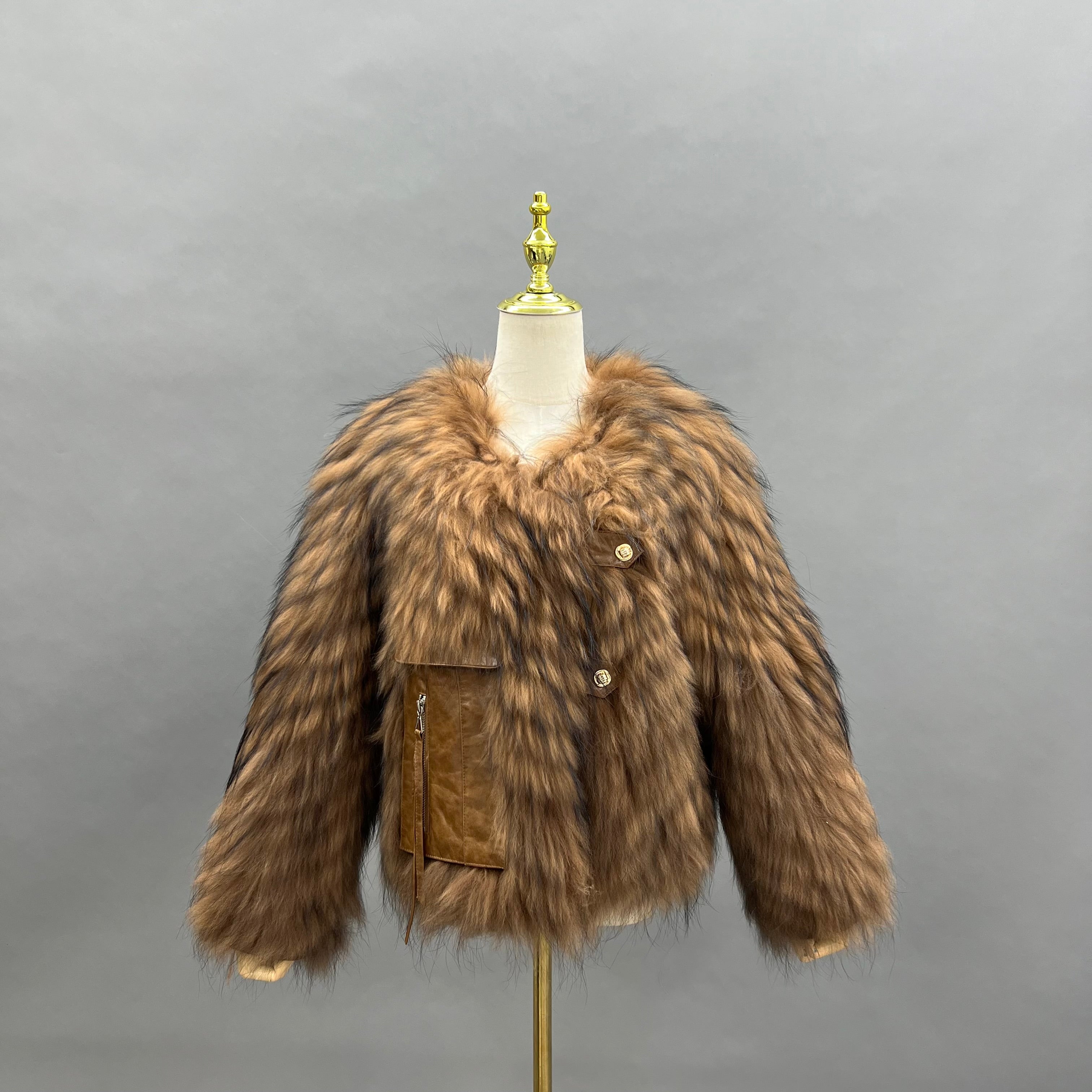 Women’s Raccoon Fur Short Coat with Large Leather Pocket – Elegant Winter Jacket for Fashionable Style Natural Brown