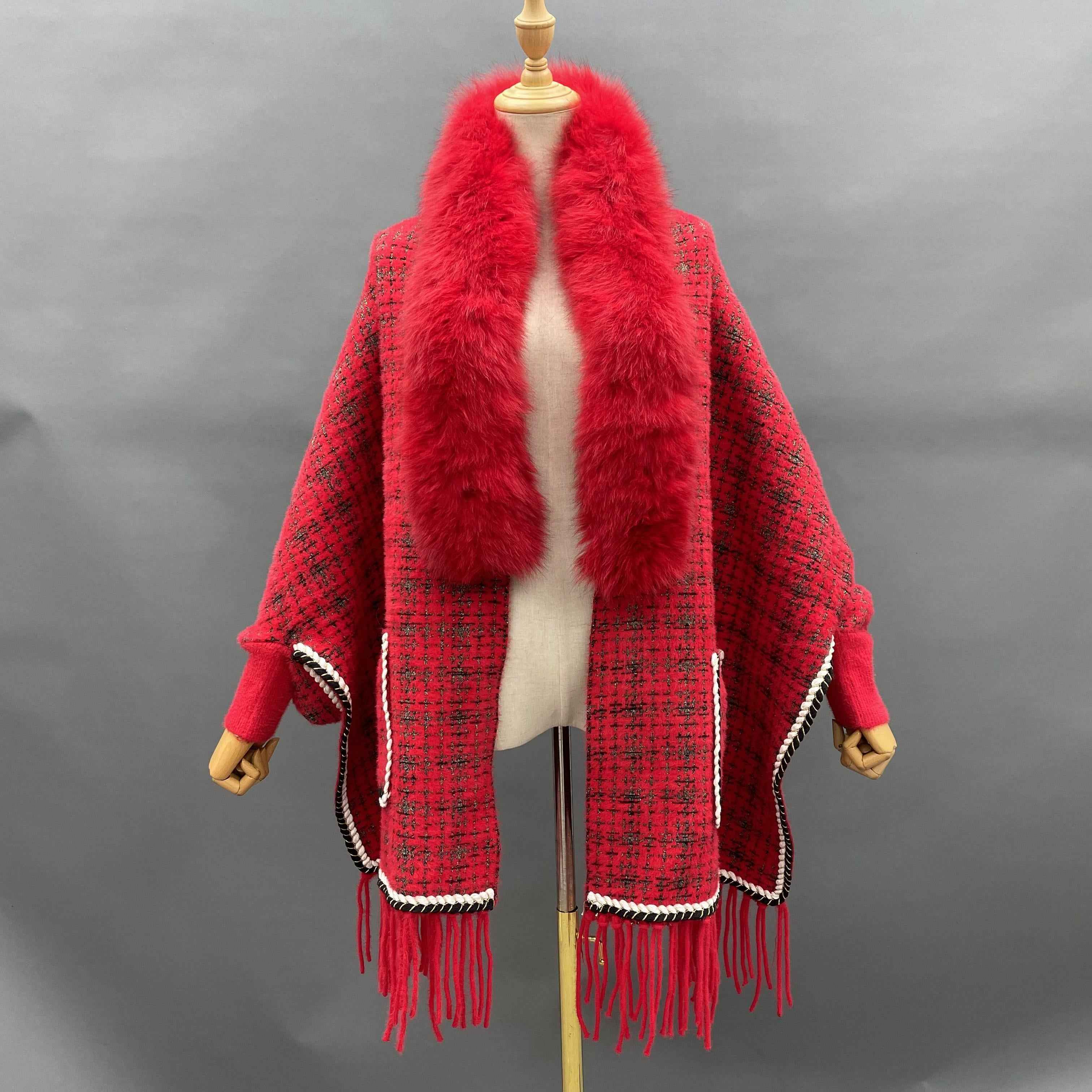 Women's Luxurious Chanel-Style Tweed Check Shawl Cardigan with Fox Fur Collar, Ribbed Cuffs & Fringe Detail - Winter Fashion Outerwear 3#Red F