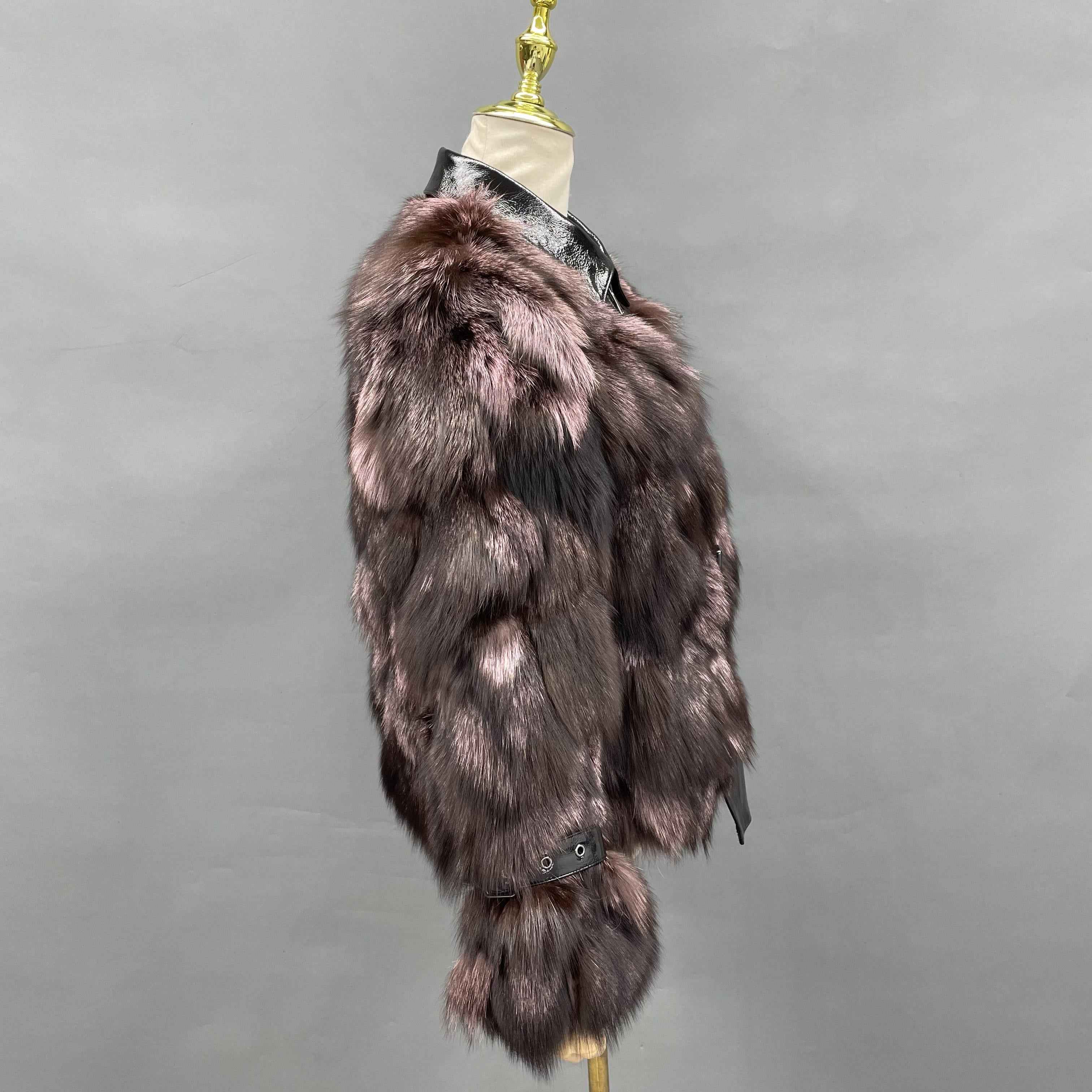 Women's Silver Fox Fur Jacket with Shiny Patent Leather Front – Luxury Faux Leather & Fur Coat, Stylish Winter Outerwear for Fashion Statement