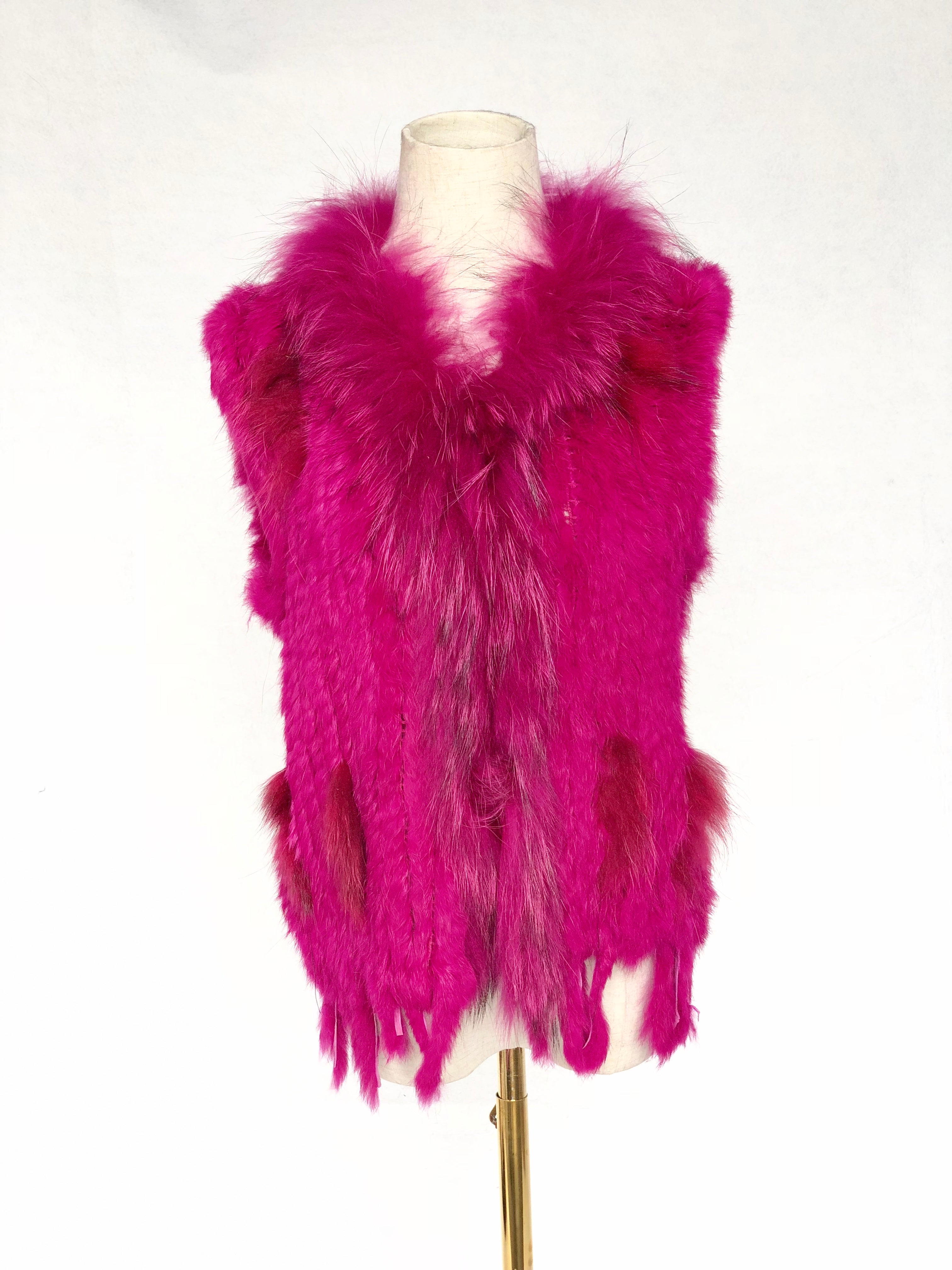 Women's Fuchsia Knitted Rabbit & Fox Fur Vest with Ragged Tramp Style & Fringe Details - Luxe Statement Outerwear