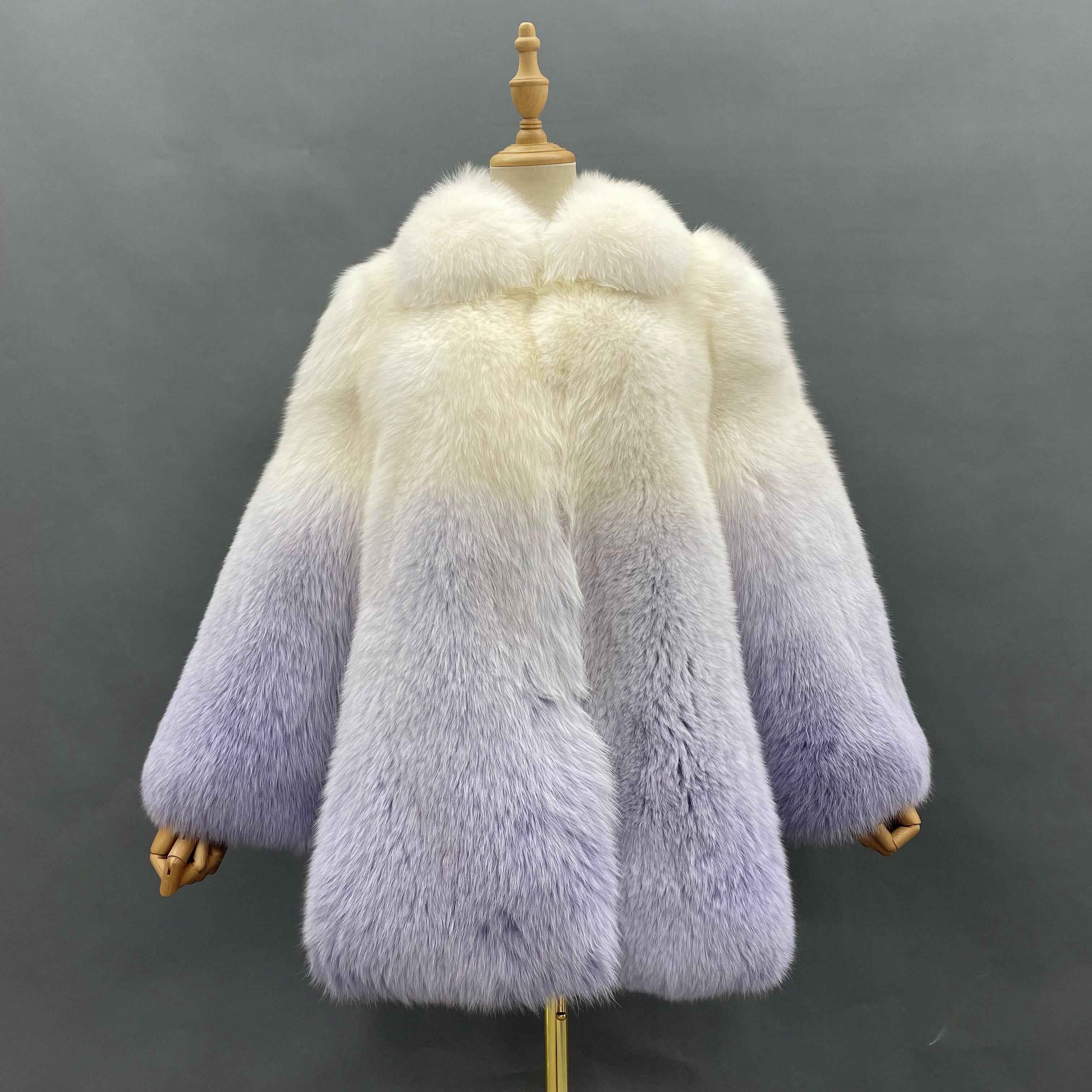 Women's Luxury Trendy Ombre Fox Fur Coat - High-End Winter Warm Fashion Jacket White Purple