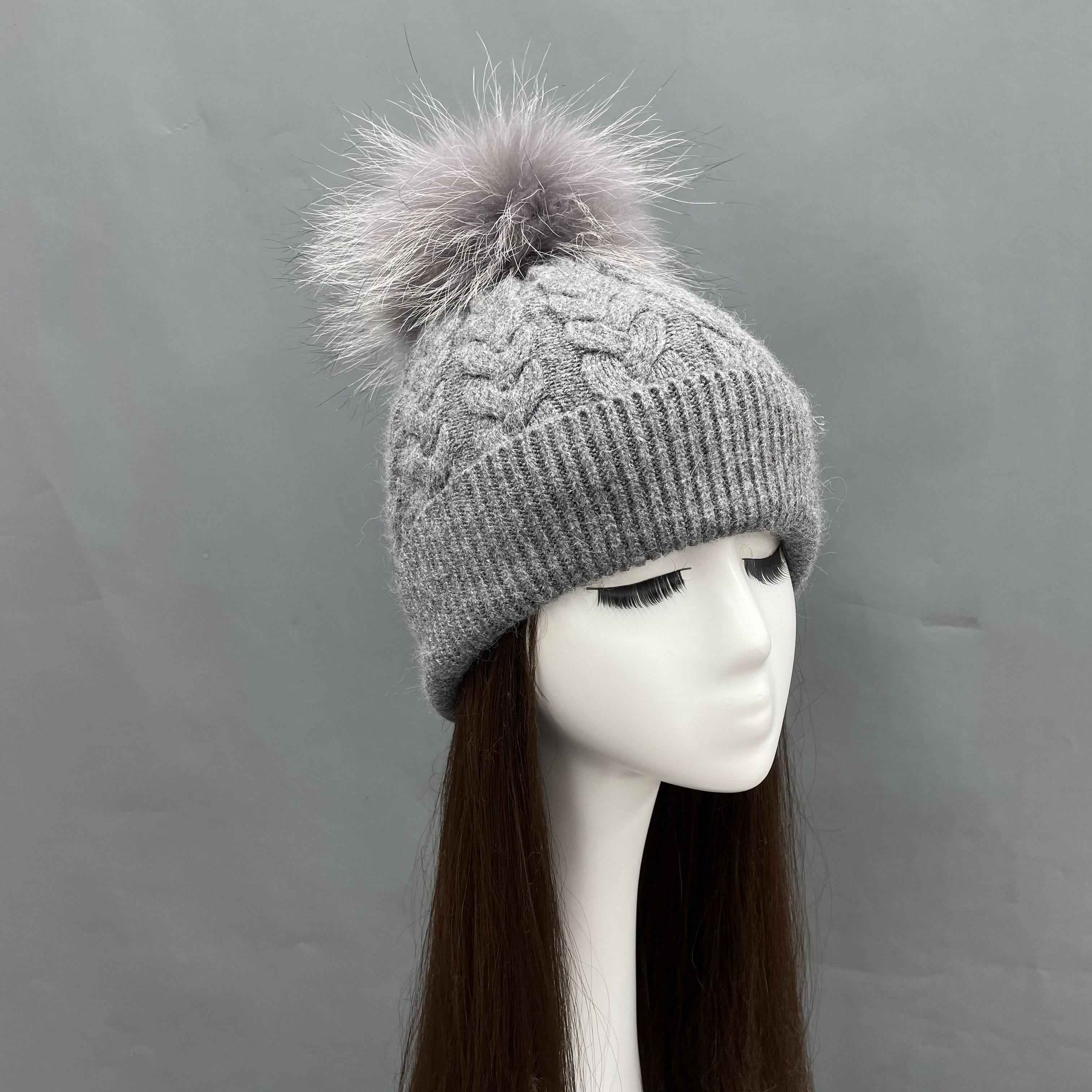 Women's Burgundy Cable Knit Beanie with Matching Raccoon Dog Fur Pom-Pom – Soft Rabbit Blend, Stylish Winter Hat for Holiday & Party Wear 8#Dark Grey a22 b40-72