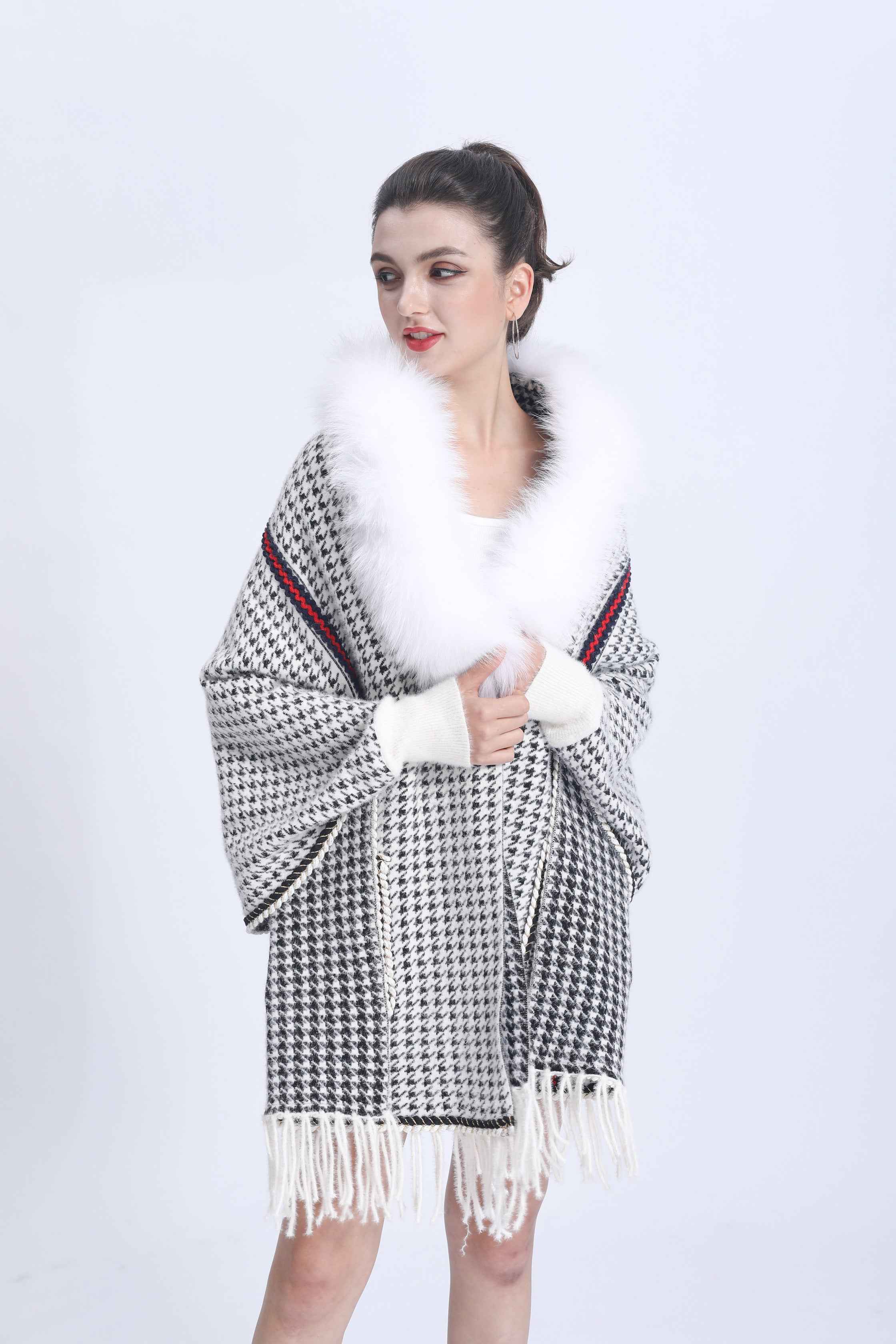 Women's Houndstooth Cape with Fox Fur Collar, Webbing Details, Pockets & Fringe - Luxurious Winter Shawl Accessory