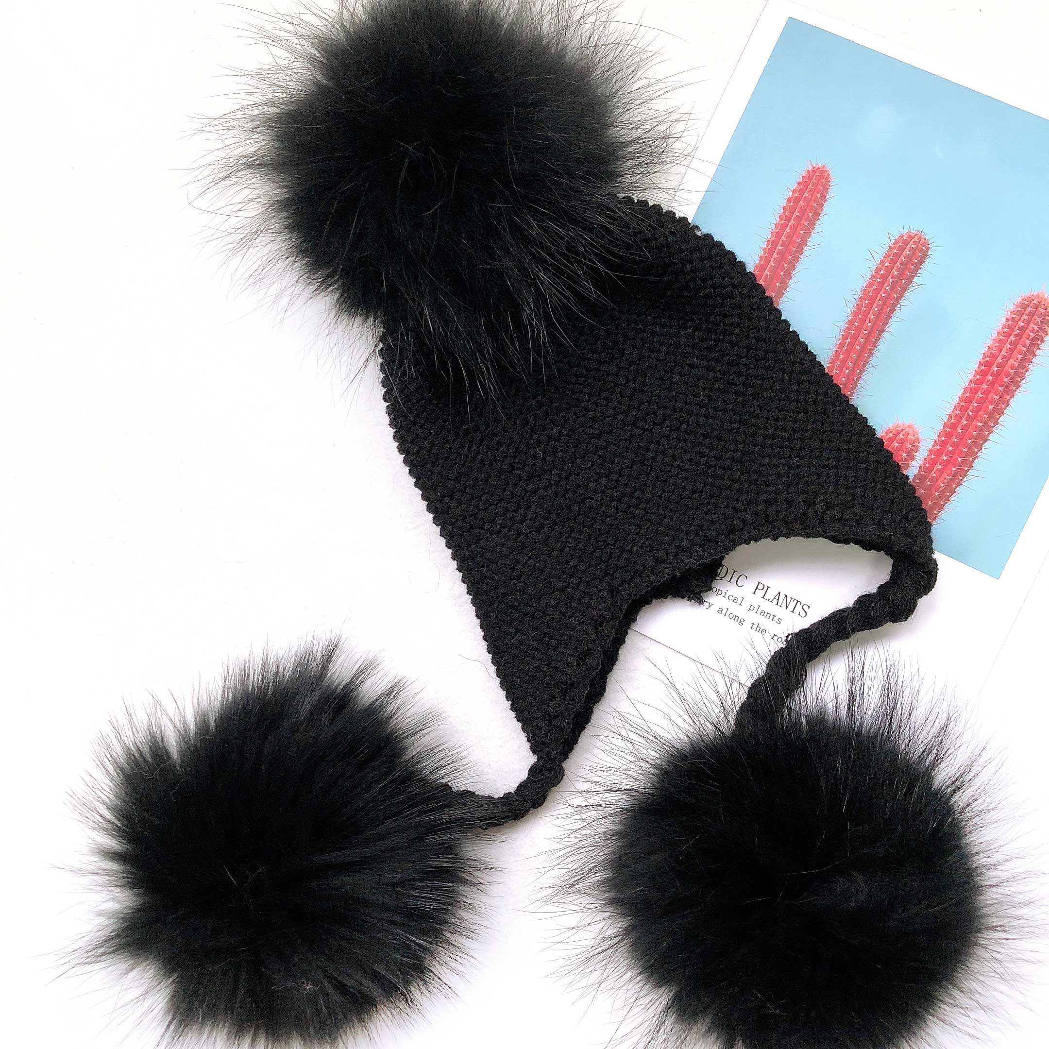 Children's Fashion Knitted Big Braid Raccoon Fur Pom Pom Hat - Janefur