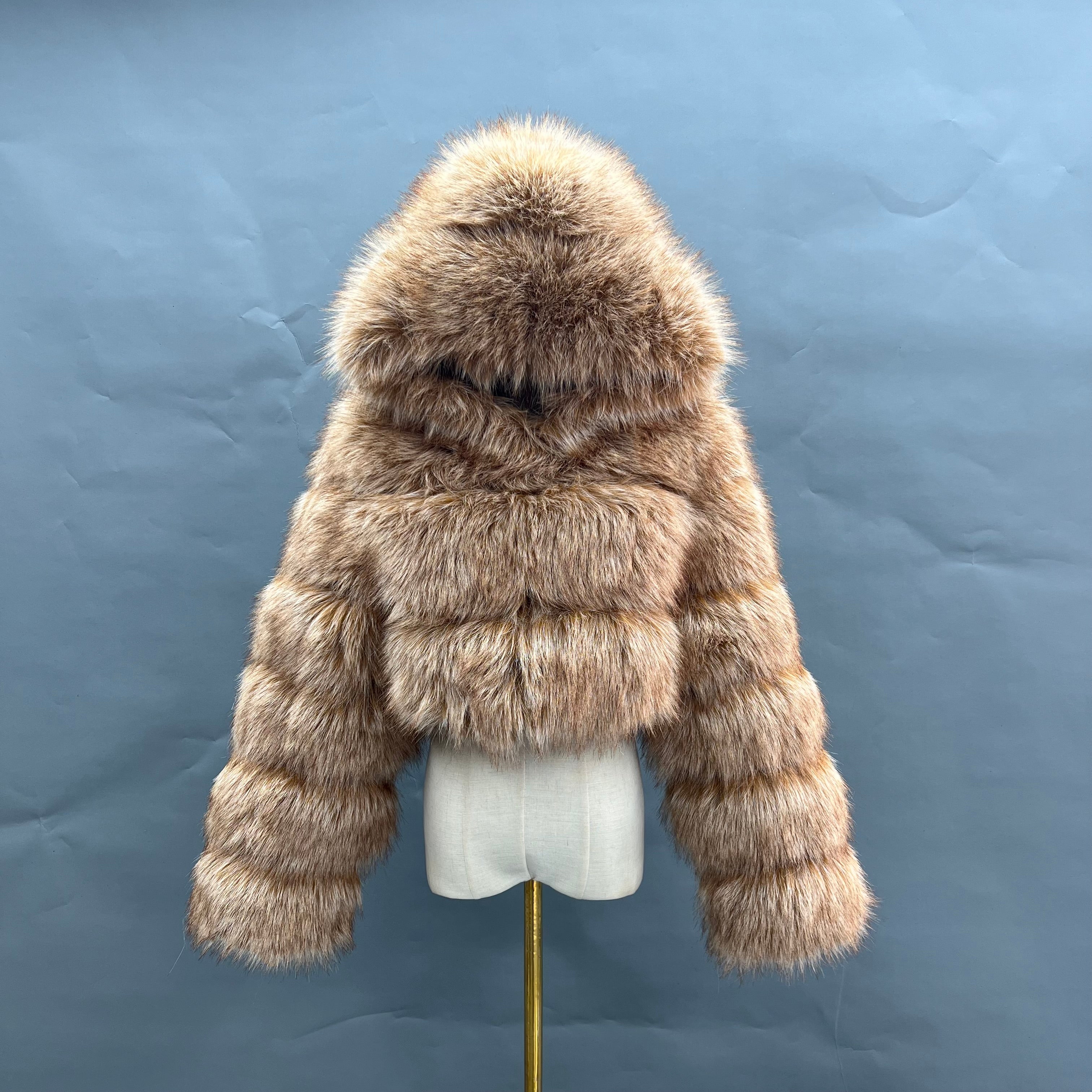 Three - Panel Faux Fur Cropped Hooded Coat