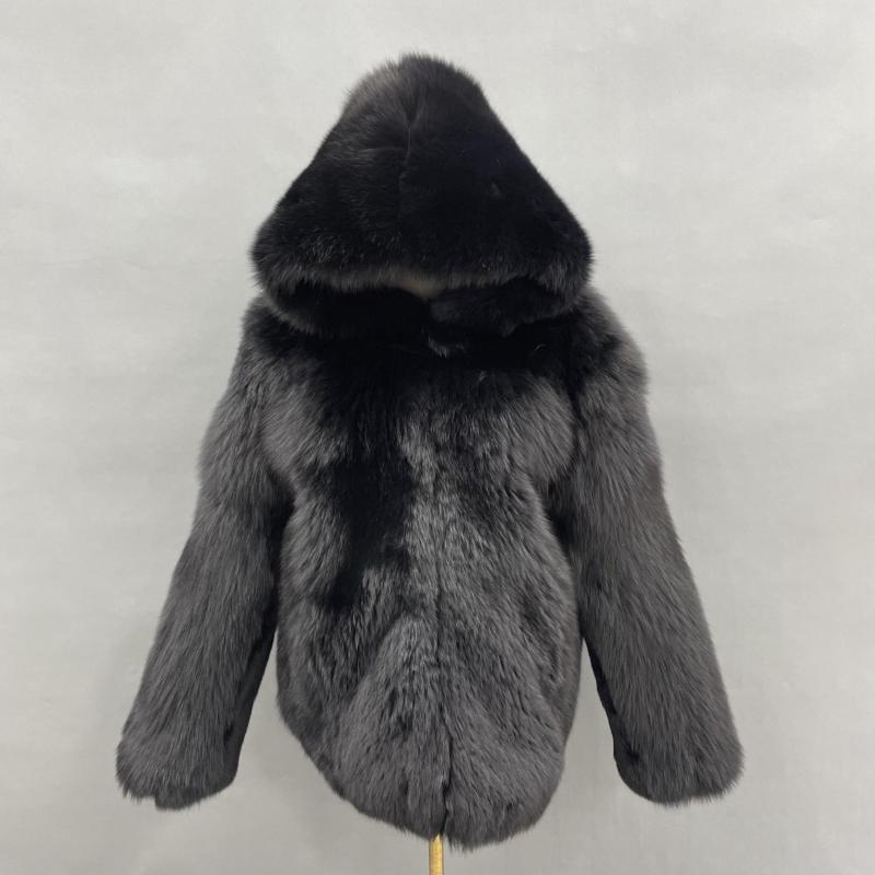 Fashionable Warm Winter Real Fox Fur Thick Jacket Solid Colour Hoodie - Janefur